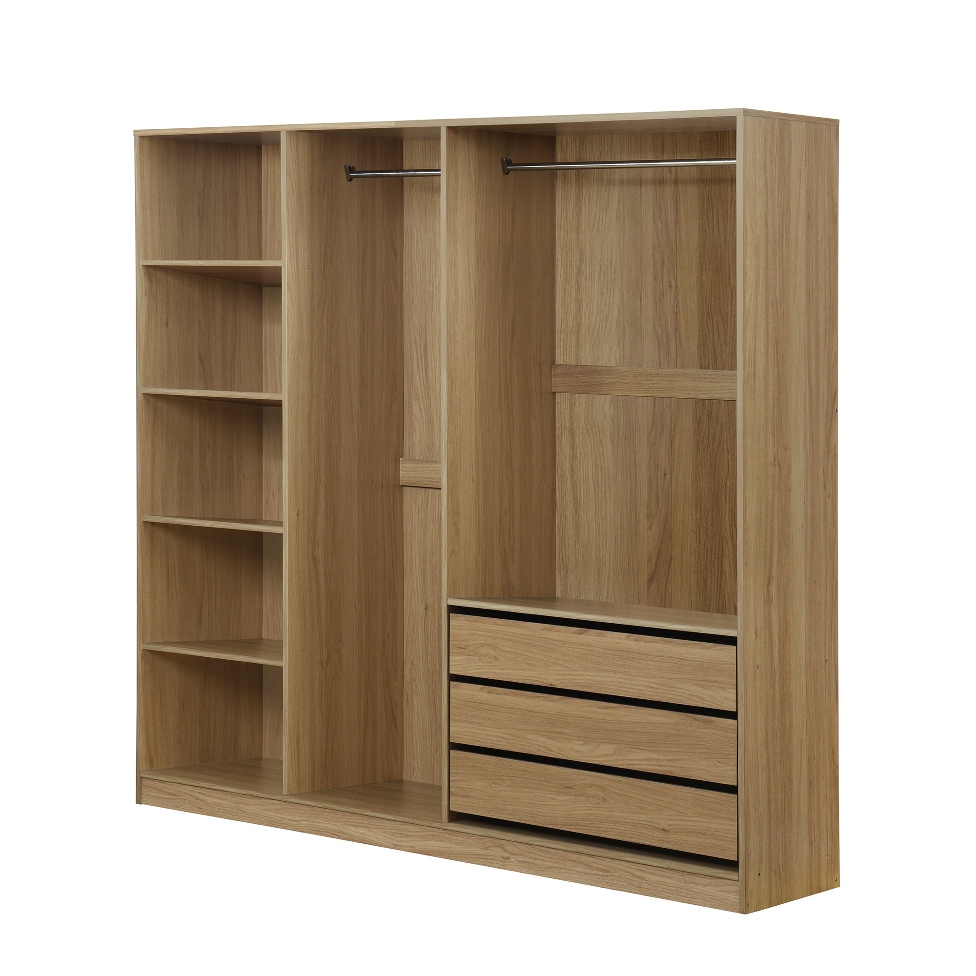 Natural Wooden Doorless Wardrobe with Shelves & 3 Drawers - Bedroom Closet Storage Organizer for Clothes, Shoes & Accessories | Perfect for Small Spaces & Modern Home Decor