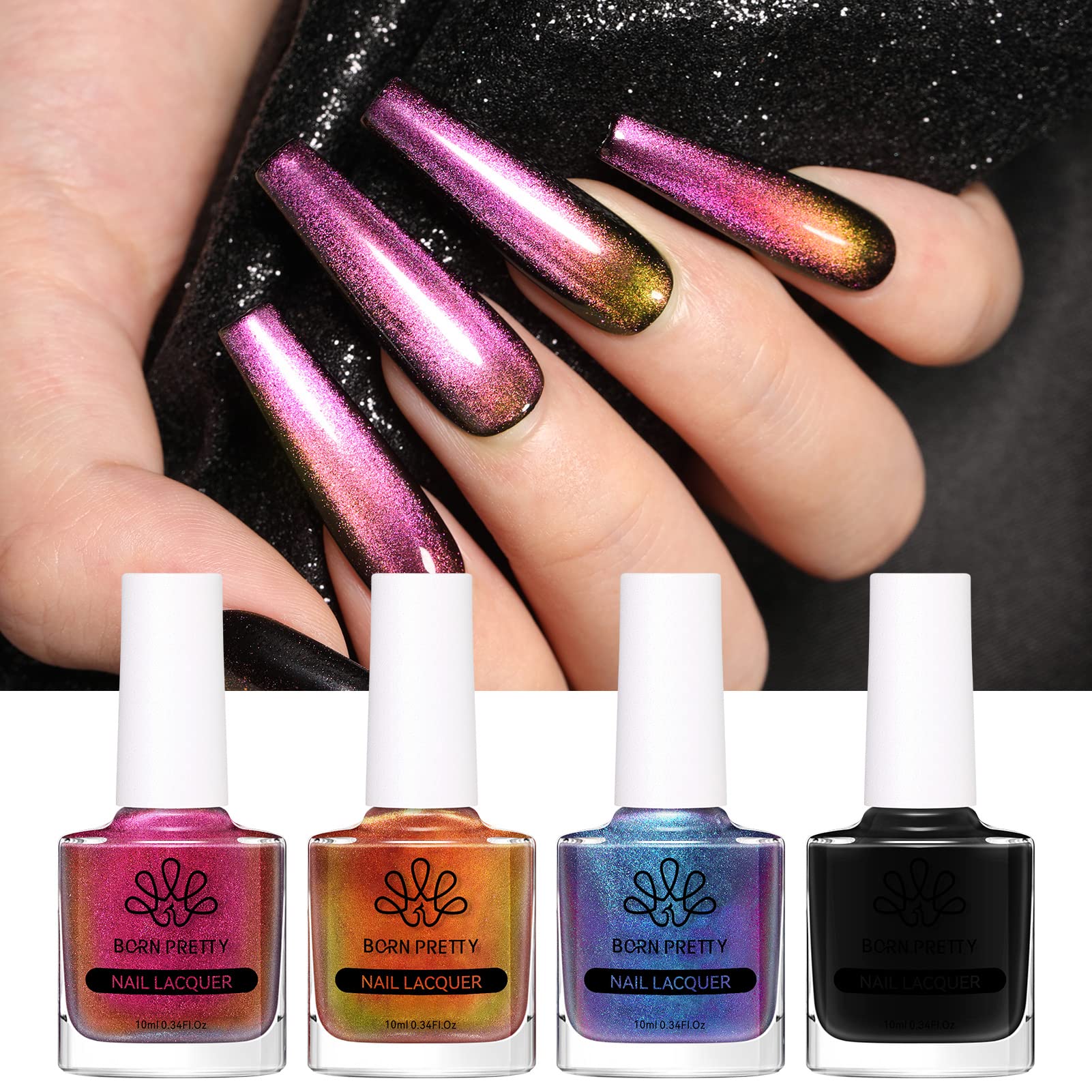 Born Pretty 3D Cat Magnetic Nail Polish Set - 4 Bottles (10ml Each) with Magnet Stick | Chameleon Color Changing Nail Art Kit for Cat Lovers | Perfect for Halloween, Cosplay & Nail Salon Designs