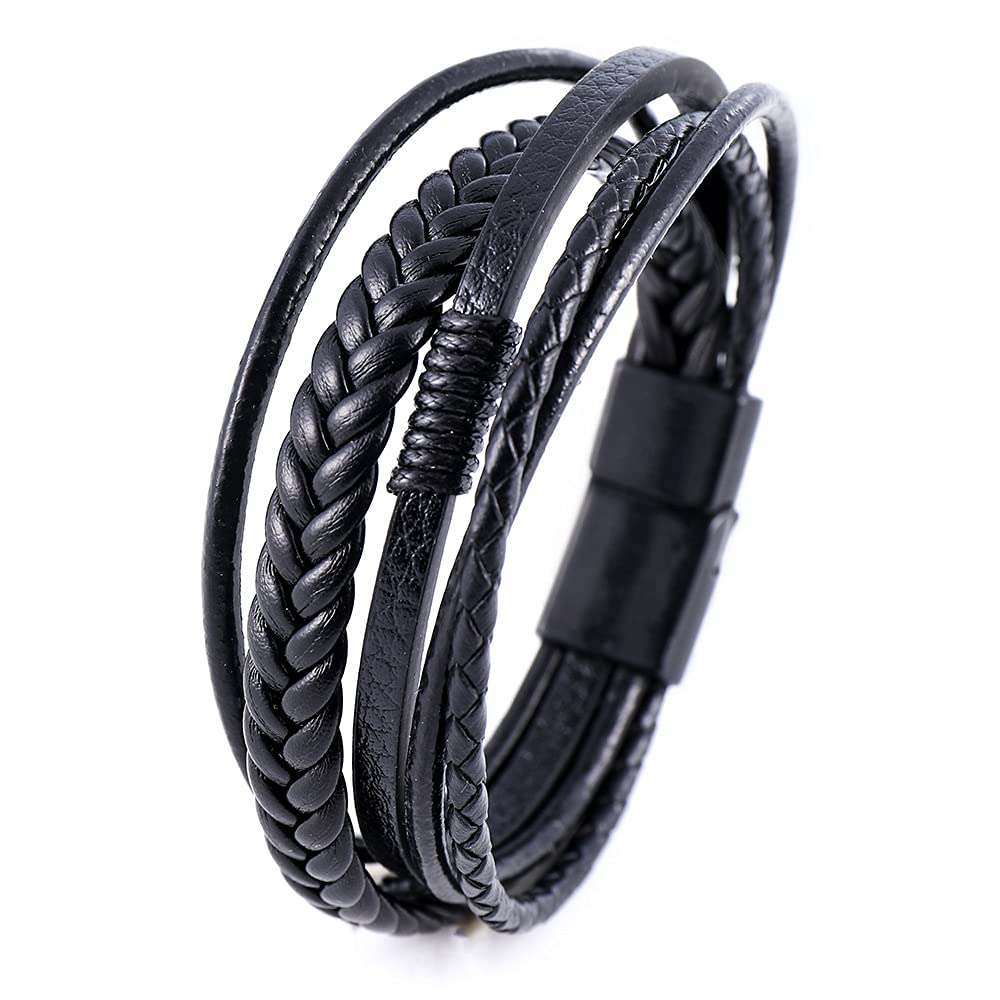 Braided Leather Inspirational Bracelet for Men - Stainless Steel Double Row Magnetic Closure, Adjustable Multilayer Genuine Leather Bracelet - Perfect Gift for Son/Grandson, School Graduation, Birthday & Special Occasions
