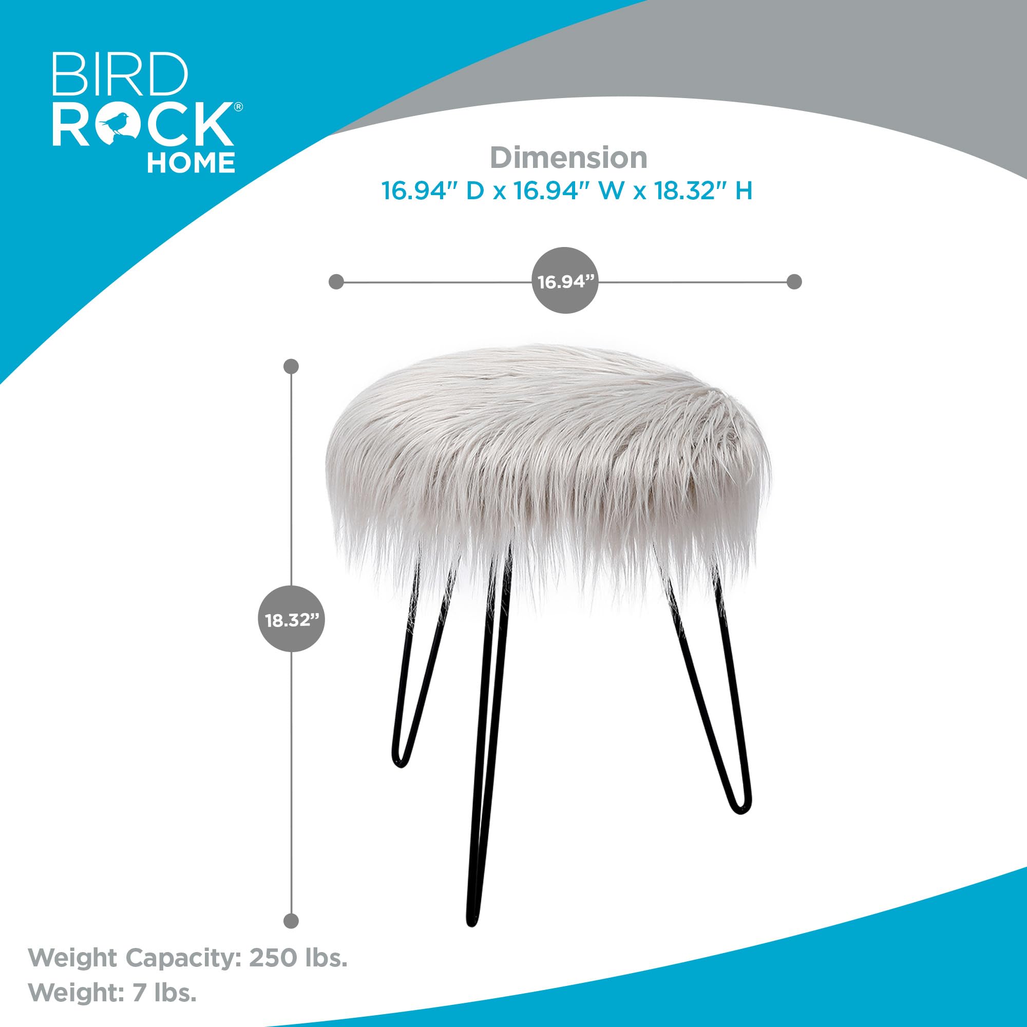 BIRDROCK HOME Round Faux Fur Foot Stool Ottoman with Black Hairpin Legs - Soft Padded Vanity Seat Makeup Chair for Bedroom, Living Room & Kids Room - Grey - Perfect for Reading Nook, Dressing Table & Lounge Decor