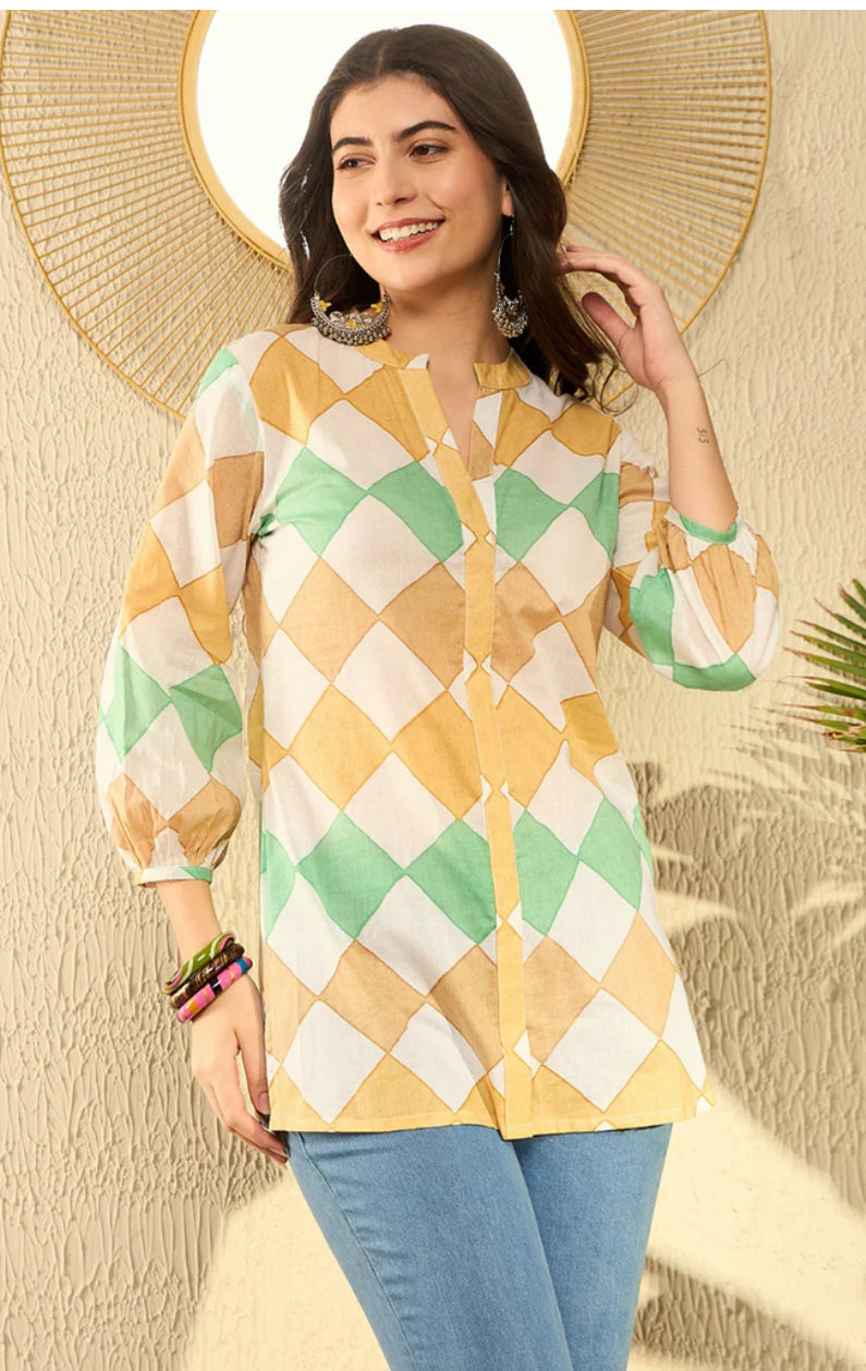 Stylish White Cotton Blend Geometric Printed Tunic Top for Women | Casual Summer Wear & Boho Outfit Essential