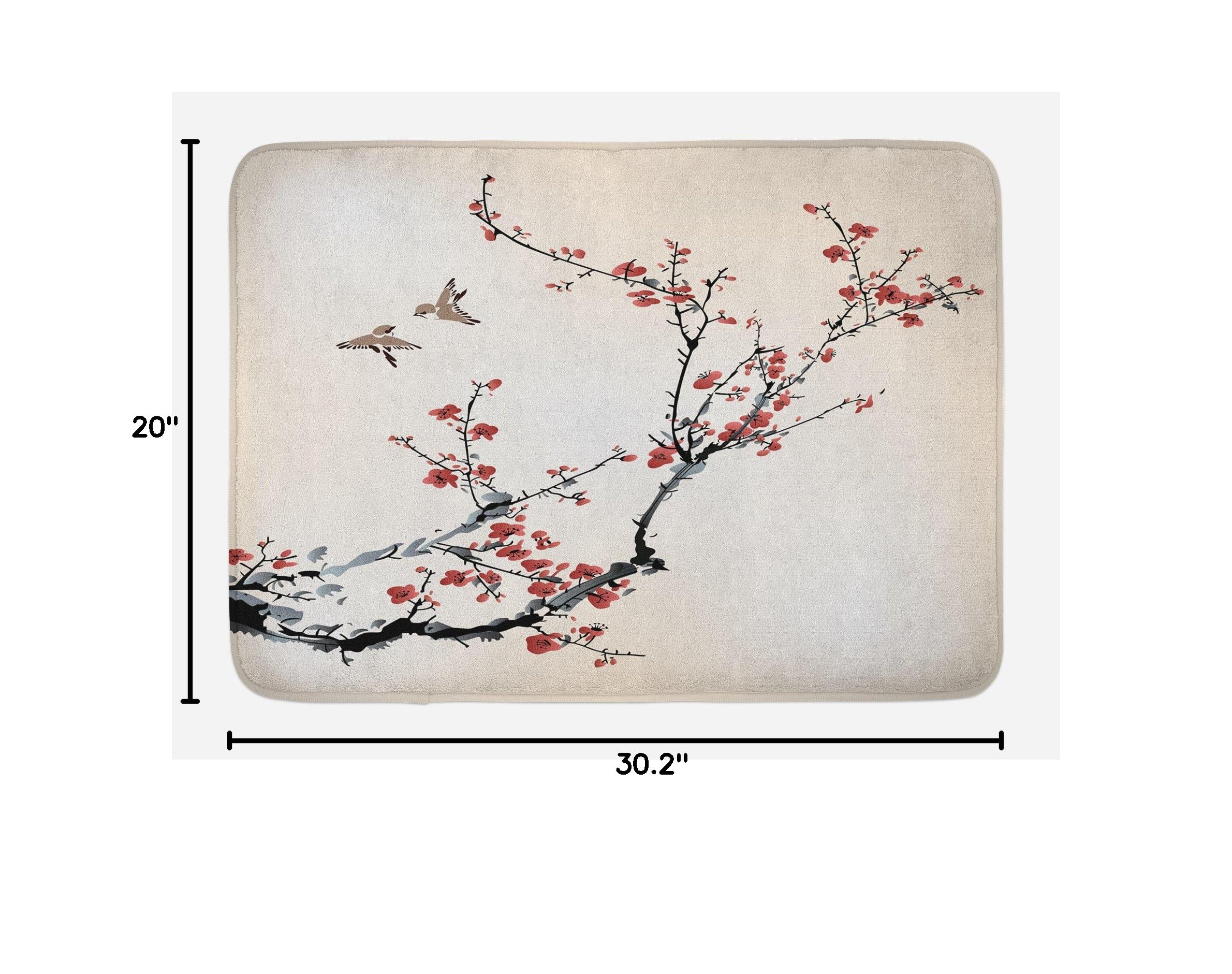 Ambesonne Floral Bird Bath Mat - Non-Slip Plush Bathroom Rug with Cherry Blossom Painting Design, 30
