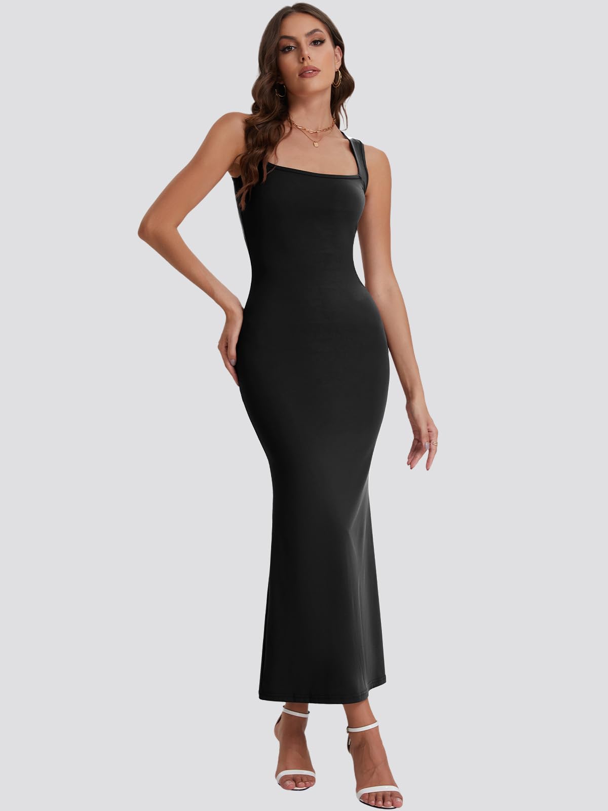 Bloggerlove Women's Summer Long Bodycon Maxi Dress - Square Neck Strap Sleeveless Sexy Cocktail Party Prom Dress for Beach Vacation, Date Night & Evening Events
