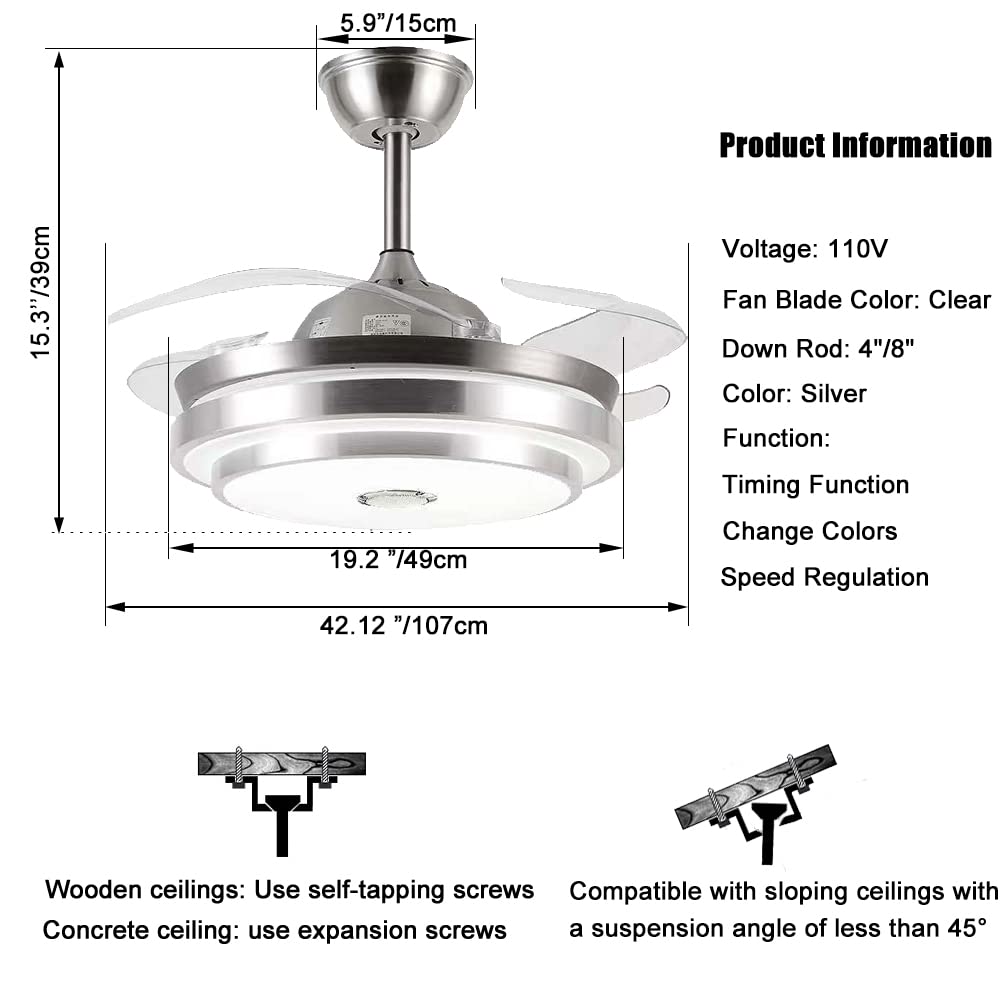 42 Inch Smart Bluetooth Ceiling Fan with LED Lights - Remote Control, Music Player & Dimmable Chandelier for Living Room, Bedroom & Restaurant | Modern Home Decor & Cooling Solution
