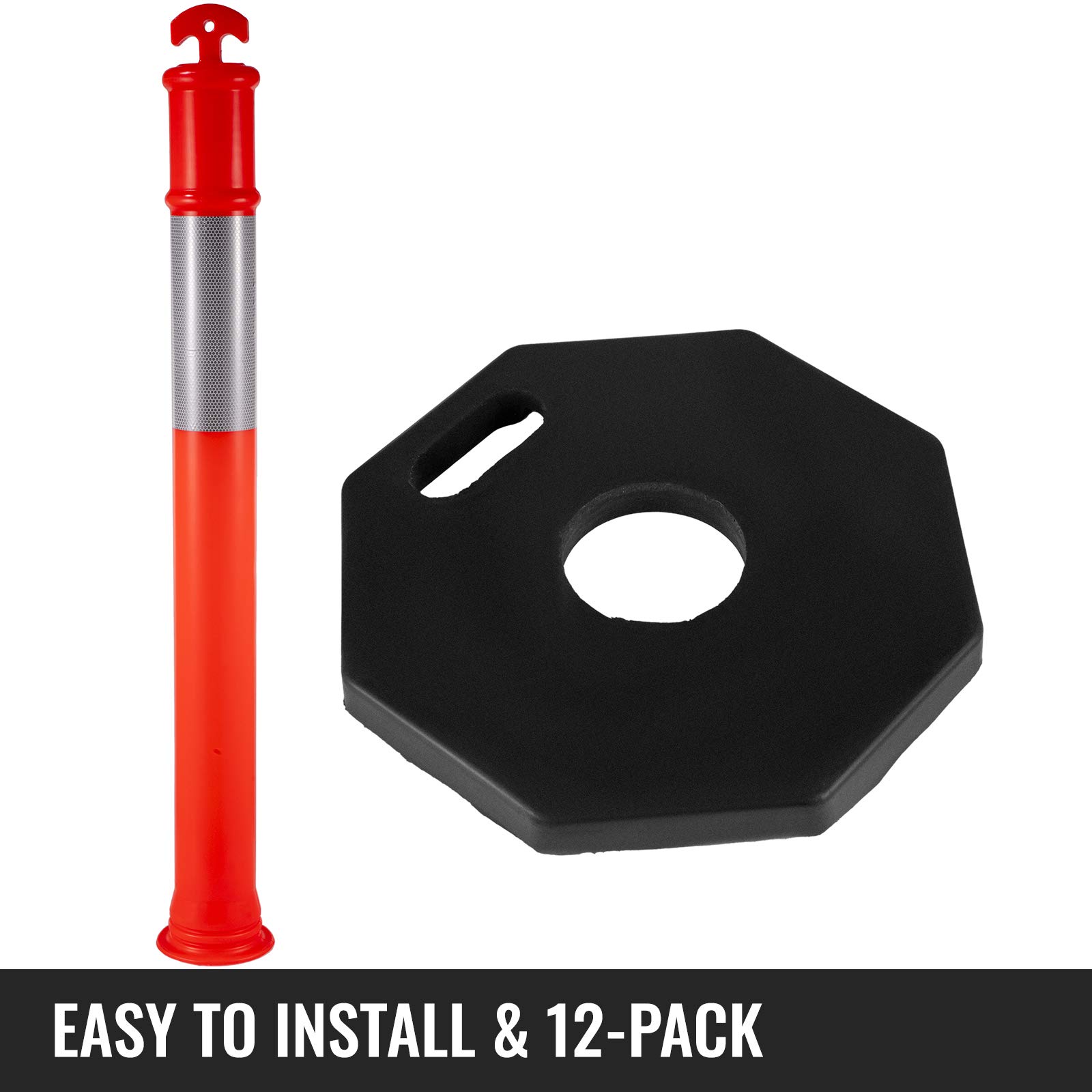 VEVOR 12-Pack 44-Inch Traffic Delineator Posts with 10-Inch Reflective Bands & 16-Inch Rubber Base - Heavy Duty Channelizer Cones for Construction Sites, Parking Lots, Road Safety, and Facility Management