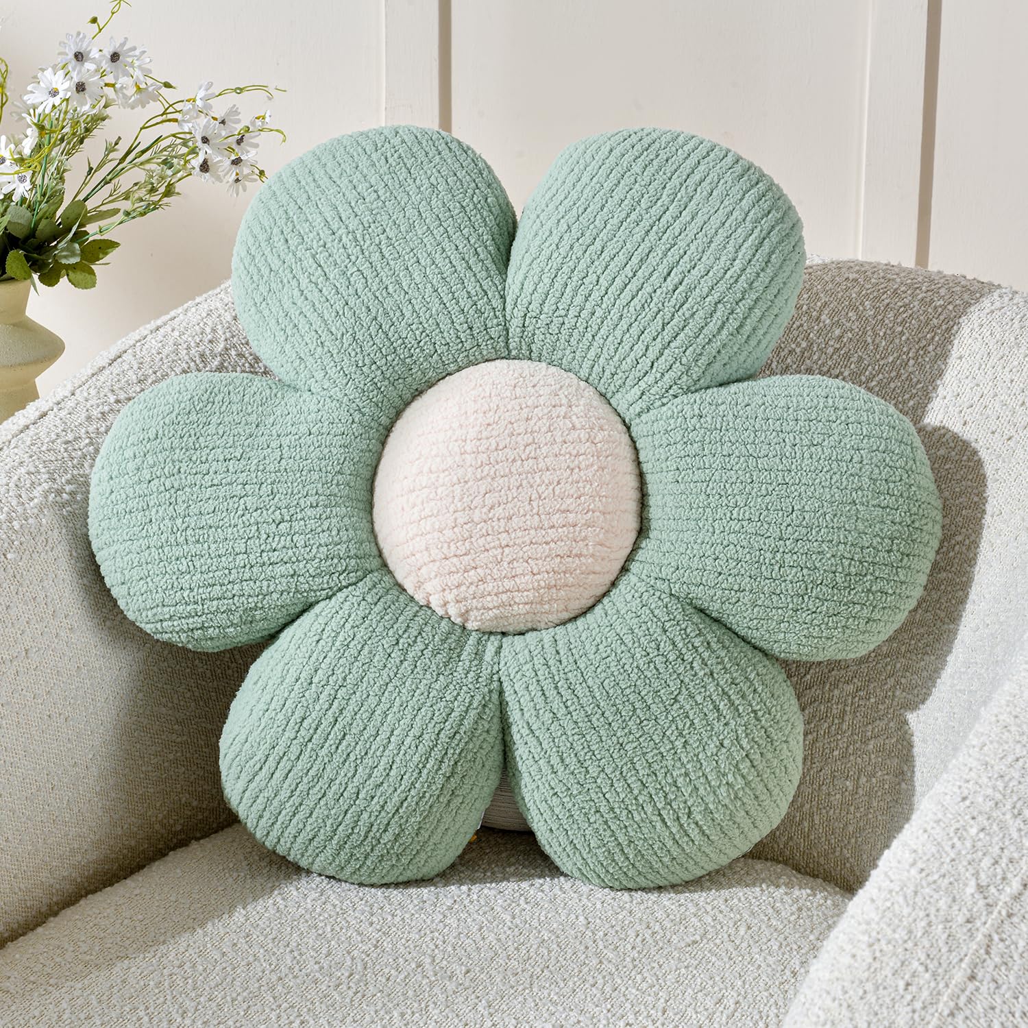 SIOLOC Aesthetic Flower Pillow - Decorative Throw Pillow for Bed, Couch & Floor (Sage Green, 15.7