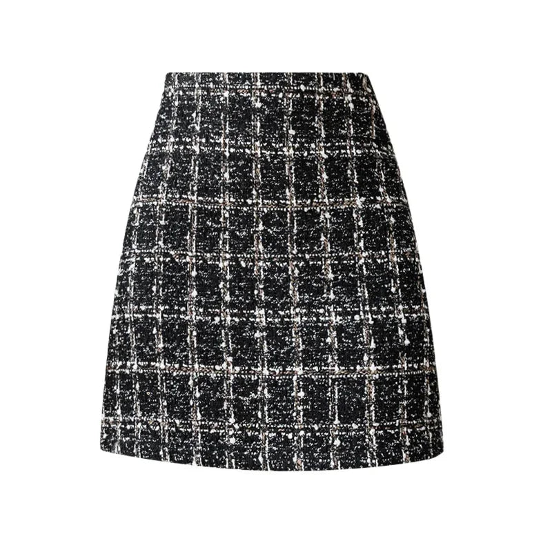 2023 Women's High Waisted A-Line Tweed Plaid Bodycon Skirt - Petite Wool Mini Dress for Fall Winter | Office, Party, Date Night Outfits