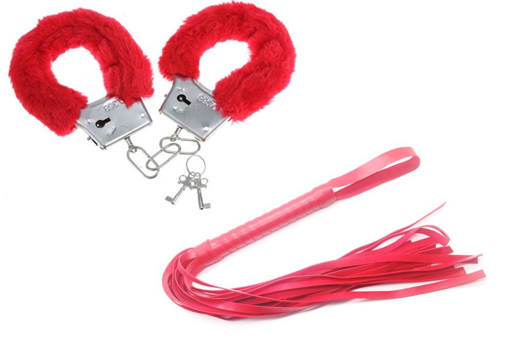 Stylex Party Red Whip & Fluffy Red Handcuffs - Hen Night, Bachelorette Party, Bride to Be Accessories - Sexy, Hot, Spicy Valentine's Day Gifts for Couples - Perfect for Role Play, Adult Games & Romantic Nights