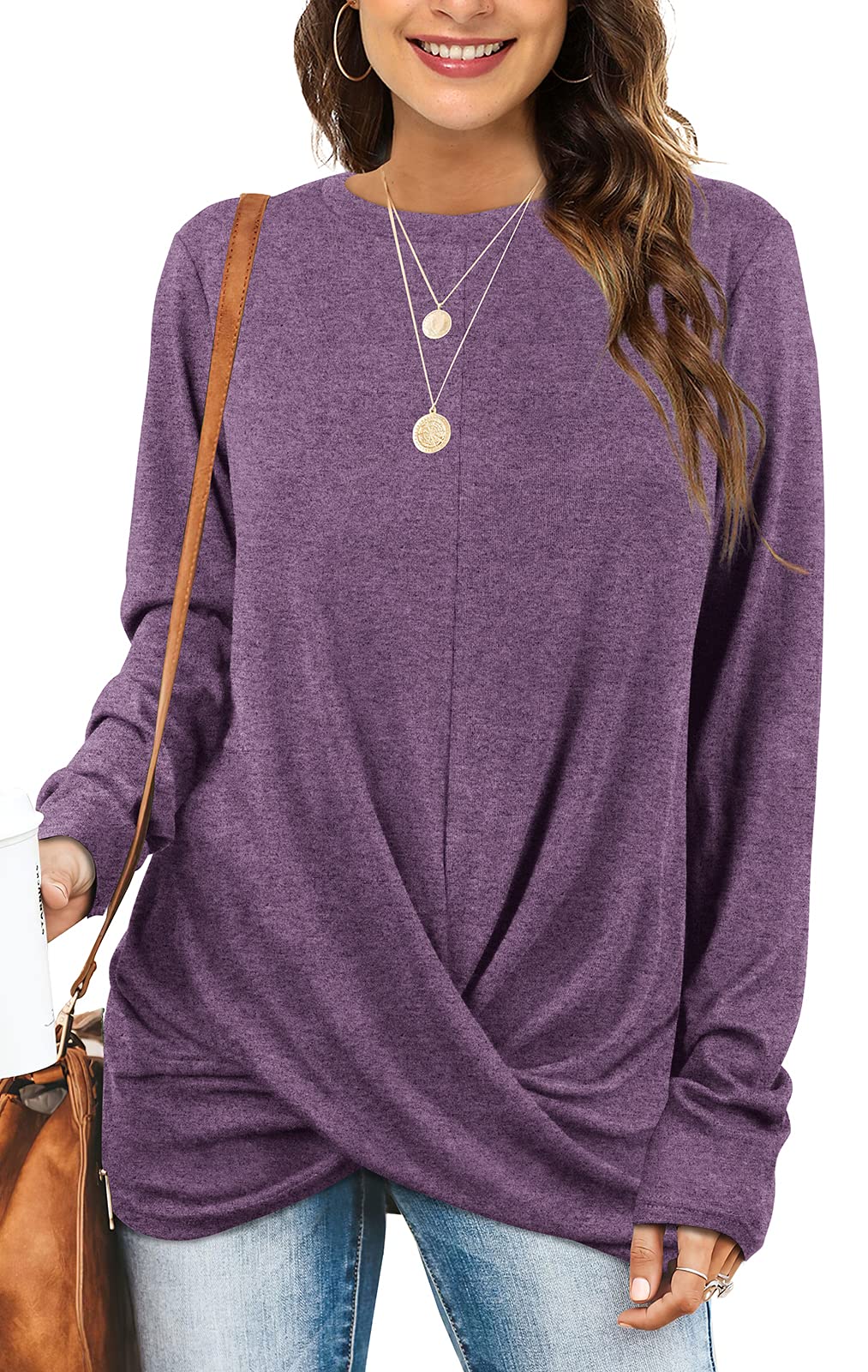 Women's Twist Front Long Sleeve Crew Neck Tunic Tops for Leggings - Perfect for Casual Wear, Work Office & Everyday Outfits