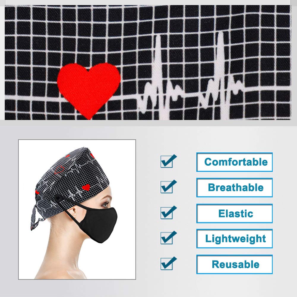3PCS Cute Teeth Working Cap with Button - Breathable Lace Up Sweatband Work Hat for Women & Men - Hair Cover for Kitchen, Salon, Hospital & Food Service Workers