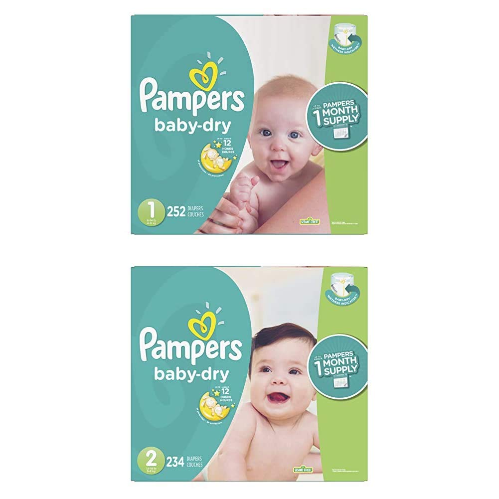 Pampers Baby Dry Disposable Diapers Bundle - Size 1 (252 Count) & Size 2 (234 Count) + Sensitive Water-Based Baby Wipes (12 Packs, 864 Total) - 2 Month Supply for Newborns & Infants - Perfect for Daycare, Travel & Overnight Protection