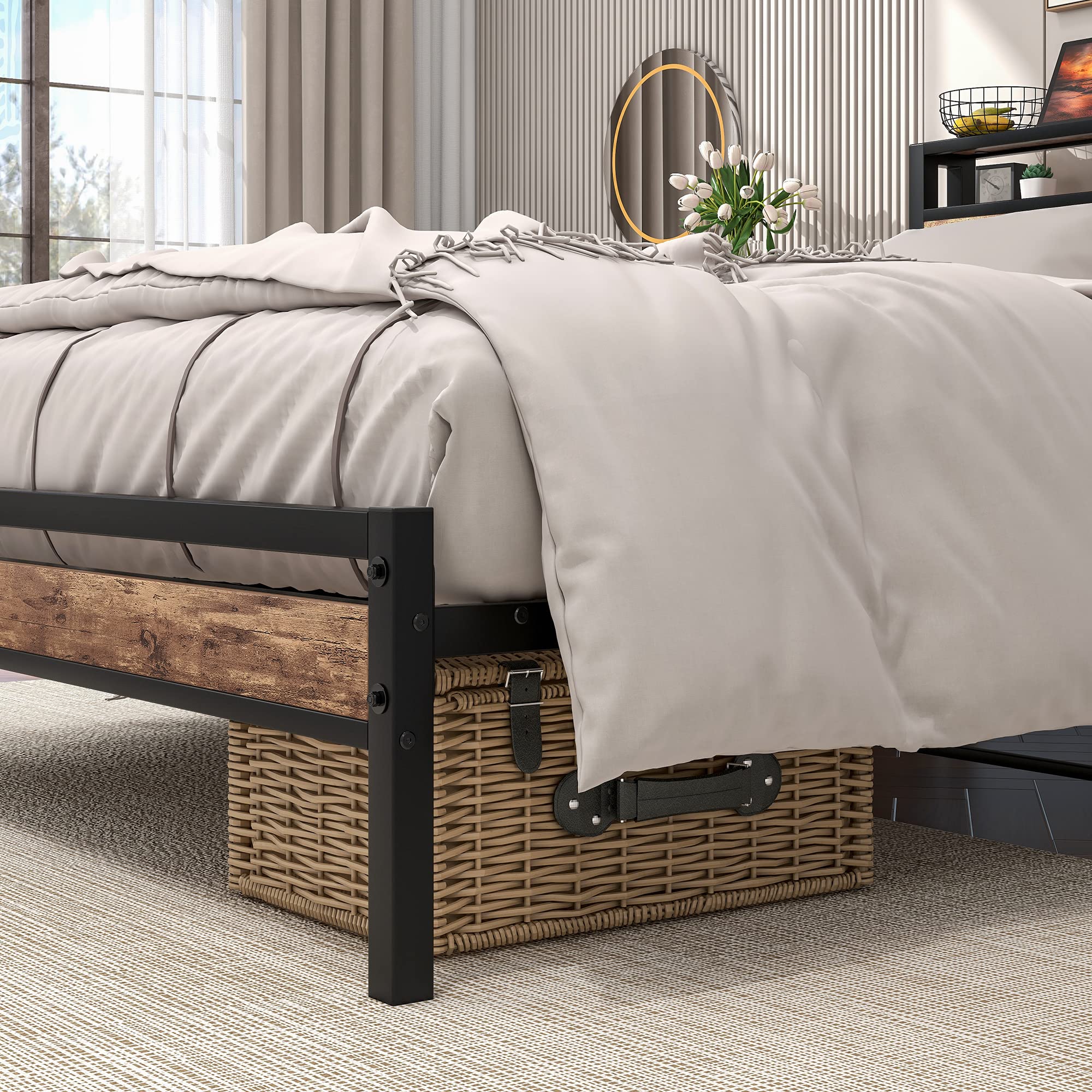 BOFENG Black Queen Size Bed Frame with 2-Tier Storage Headboard & USB Charging Station - Heavy Duty Platform Bed with Under Bed Storage - No Box Spring Needed - Noise Free & Rustic Brown Finish - Perfect for Small Bedrooms, Guest Rooms & Modern Apartments