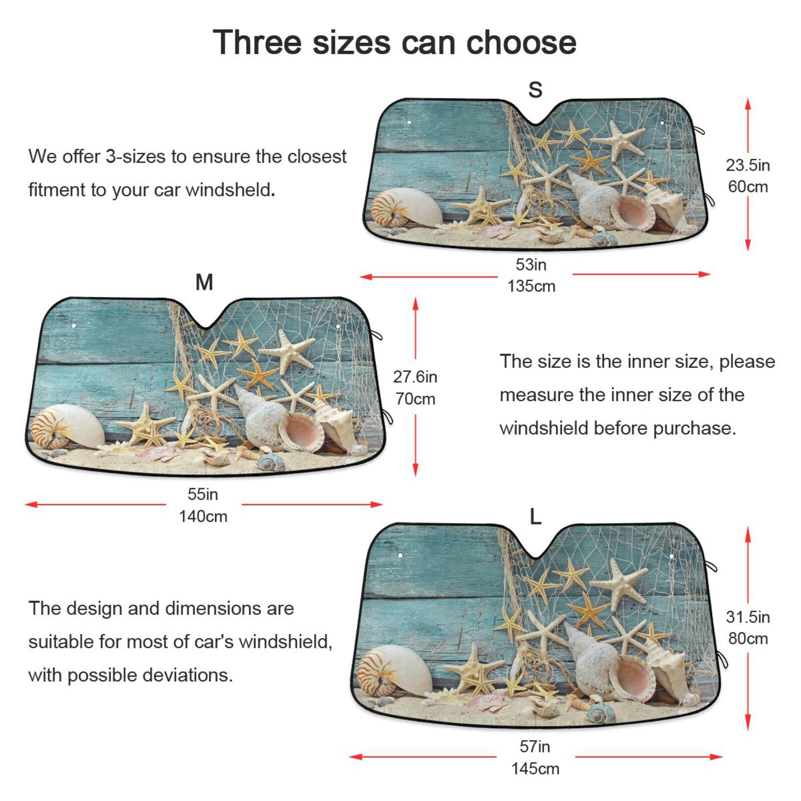 Boccsty Sea Star Seashell Car Windshield Sun Shade - UV Protection for Cars, Trucks & SUVs - Beach Themed Blue Wooden Window Shade - Universal Fit for Men, Women & Baby - Perfect for Beach Trips, Summer Driving & Outdoor Adventures