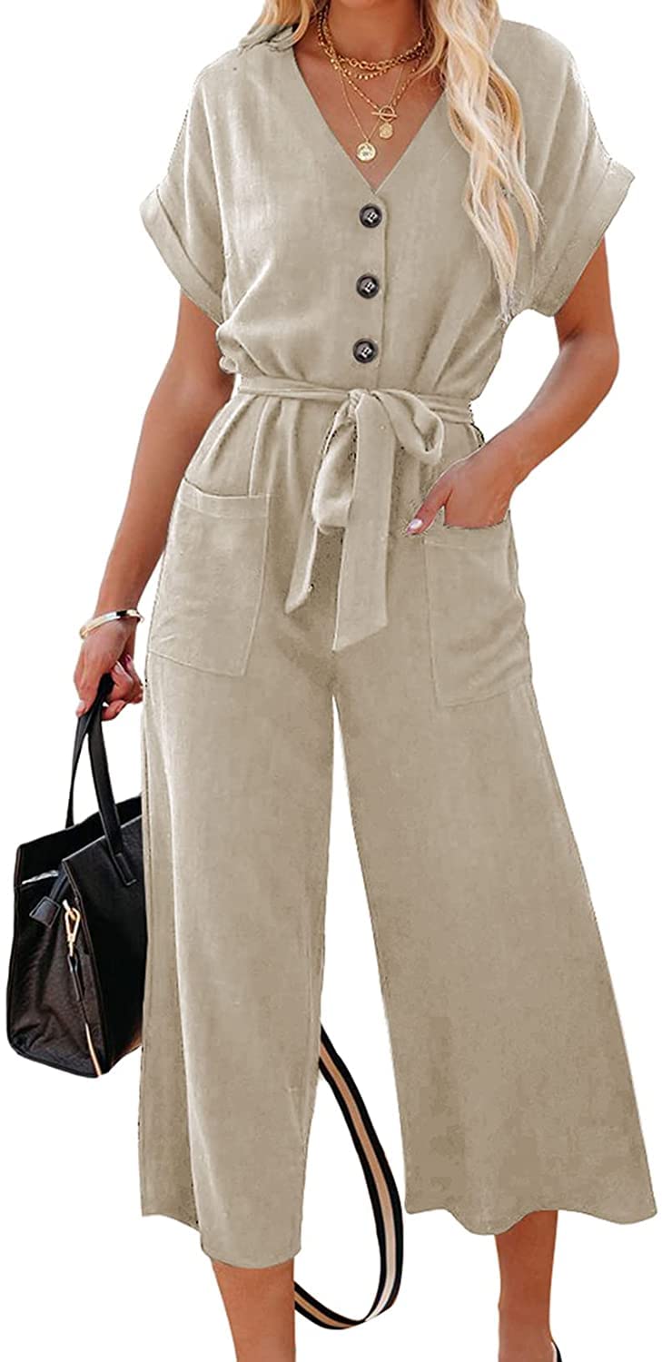 Aimtuee Women's Short Sleeve V-Neck Button Front Belted Wide Leg Jumpsuit with Pockets - S to XXL | Casual Summer Outfit, Beach Wear & Office Chic Style