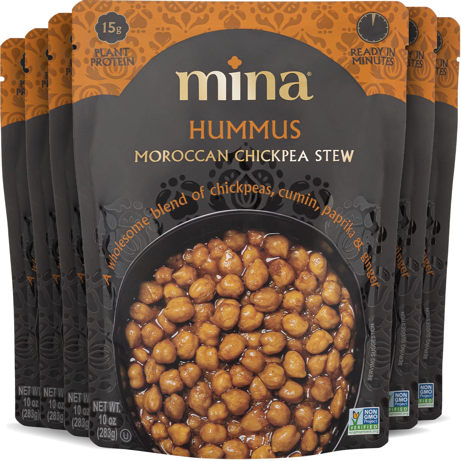 Organic Moroccan Chickpeas Ready to Eat - High Protein Vegan Snack, Non-GMO, Gluten-Free, Kosher Certified, Microwavable Packaged Meals (10 oz, Pack of 6) - Perfect for Salads, Hummus & Healthy On-the-Go Lunches
