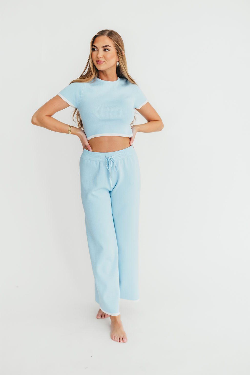 Lindsay Cropped Top and Pants Set - Light Blue Women's Casual Outfit | Perfect for Summer, Beach, and Streetwear Fashion