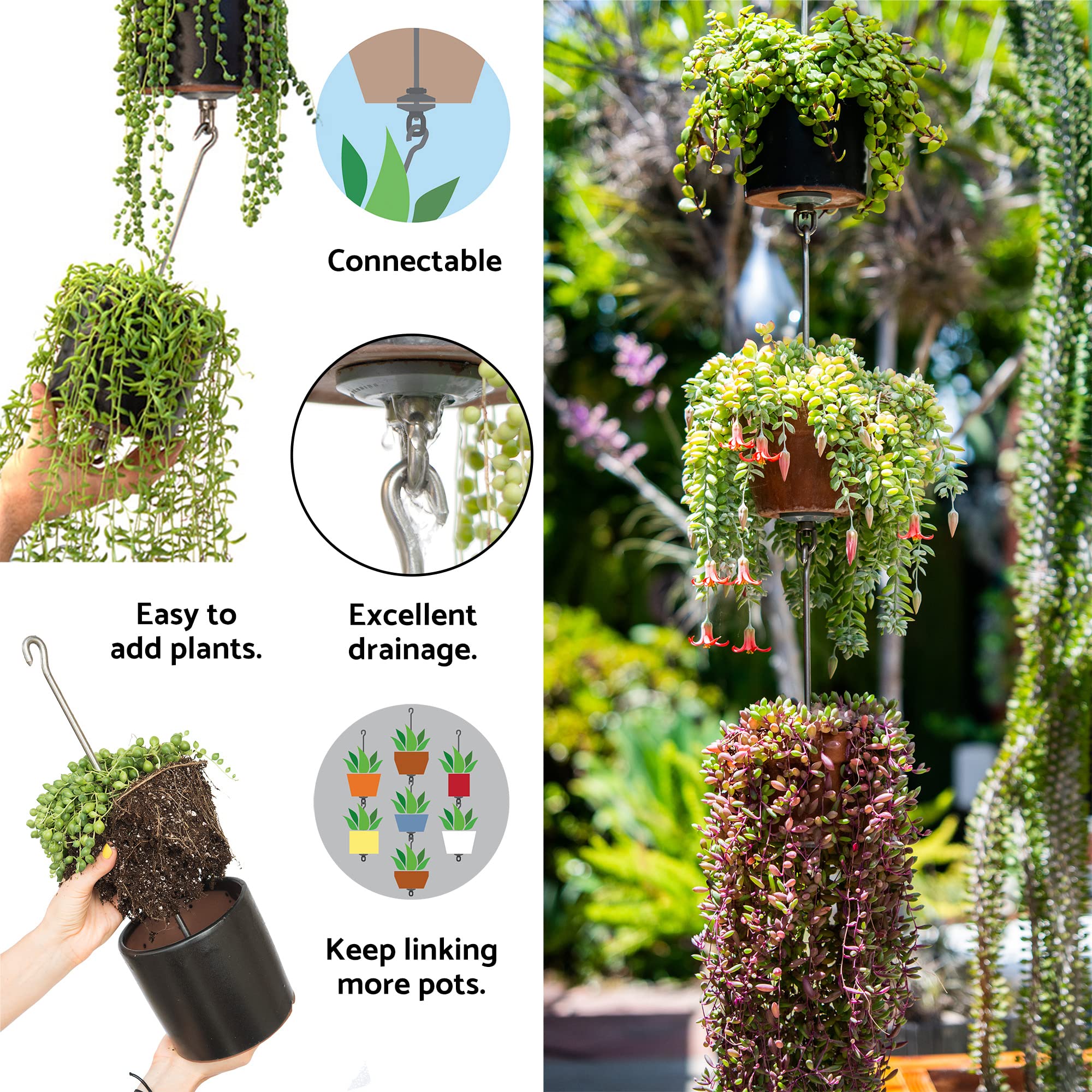 5-Piece Stainless Steel Pot Hanger Kit with Accessories - Connectable Hanging Planter System for Vertical Gardens - Indoor/Outdoor Use with Drainage Holes - Perfect for Balconies, Patios & Small Space Gardening