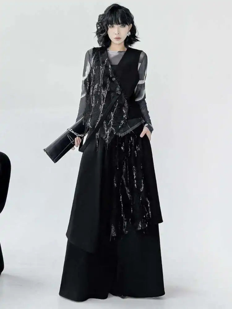 2025 Trendy Women's Big Size Irregular Vest & Sequins Wide Leg Pants Two-Piece Suit - V Neck Sleeveless Outfit for Spring/Autumn Fashion | Perfect for Parties, Date Nights & Special Occasions