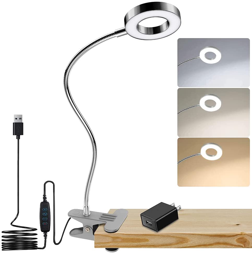 Depuley Dimmable Clip On Reading Light - 48 LED USB Bedside Lamp with 3 Color Modes & 15 Brightness Levels, Flexible Clamp Book Light for Makeup Mirror, Desk, Headboard, Piano, Computer - Perfect for Night Reading, Studying, and Crafting