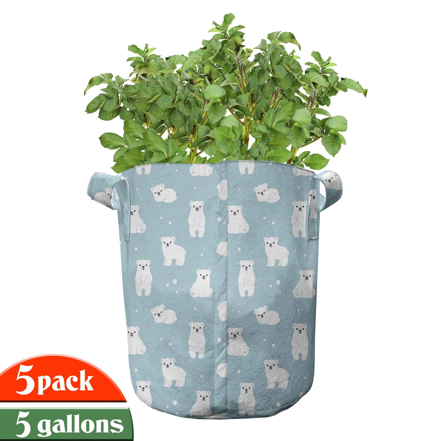Ambesonne 5-Pack Cartoon Polar Bear Grow Bags - Heavy Duty Fabric Plant Pots with Handles for Indoor/Outdoor Gardening - Pale Blue & White Design - Perfect for Vegetables, Flowers, and Herbs in Home Gardens, Balconies, or Greenhouses