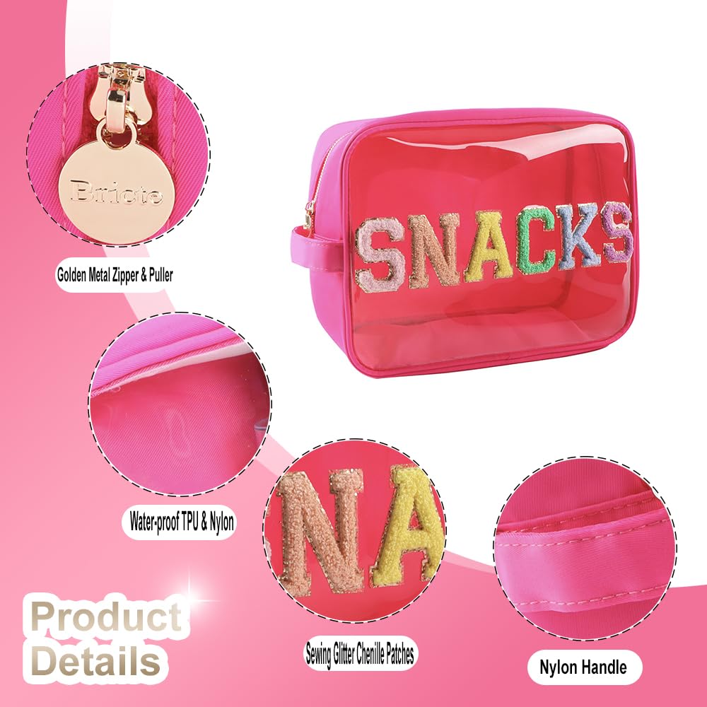 Large Clear Glitter Snack Bags - Reusable TPU & Nylon Snack Pouches for Travel, School & Work - Preppy Transparent Food Storage Bags for Women & Kids (Hot Pink) - Perfect for Lunch, Snacks, Candy & On-the-Go Organization
