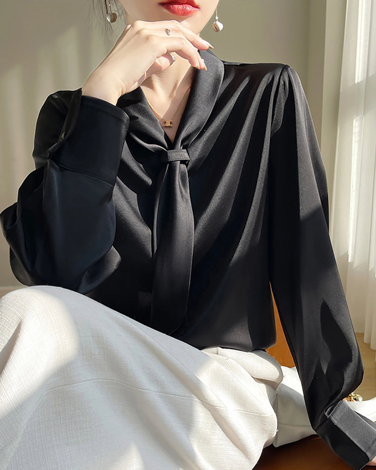 Elegant V-Neck Tie Front Silk Blouse for Women - Luxurious & Breathable - Perfect for Office, Date Night & Special Occasions