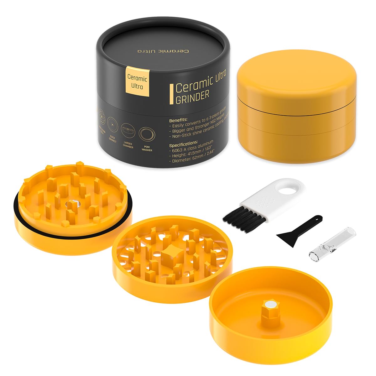 Premium Ceramic Herb Grinder - 62mm Ultra-Smooth Non-Stick Nano Ceramic Surface | Triple N52 Neodymium Magnet | Professional Spice & Herb Crusher Kit with Accessories | Perfect for Grinding Herbs, Spices & Tobacco for Smooth Smoking Experience