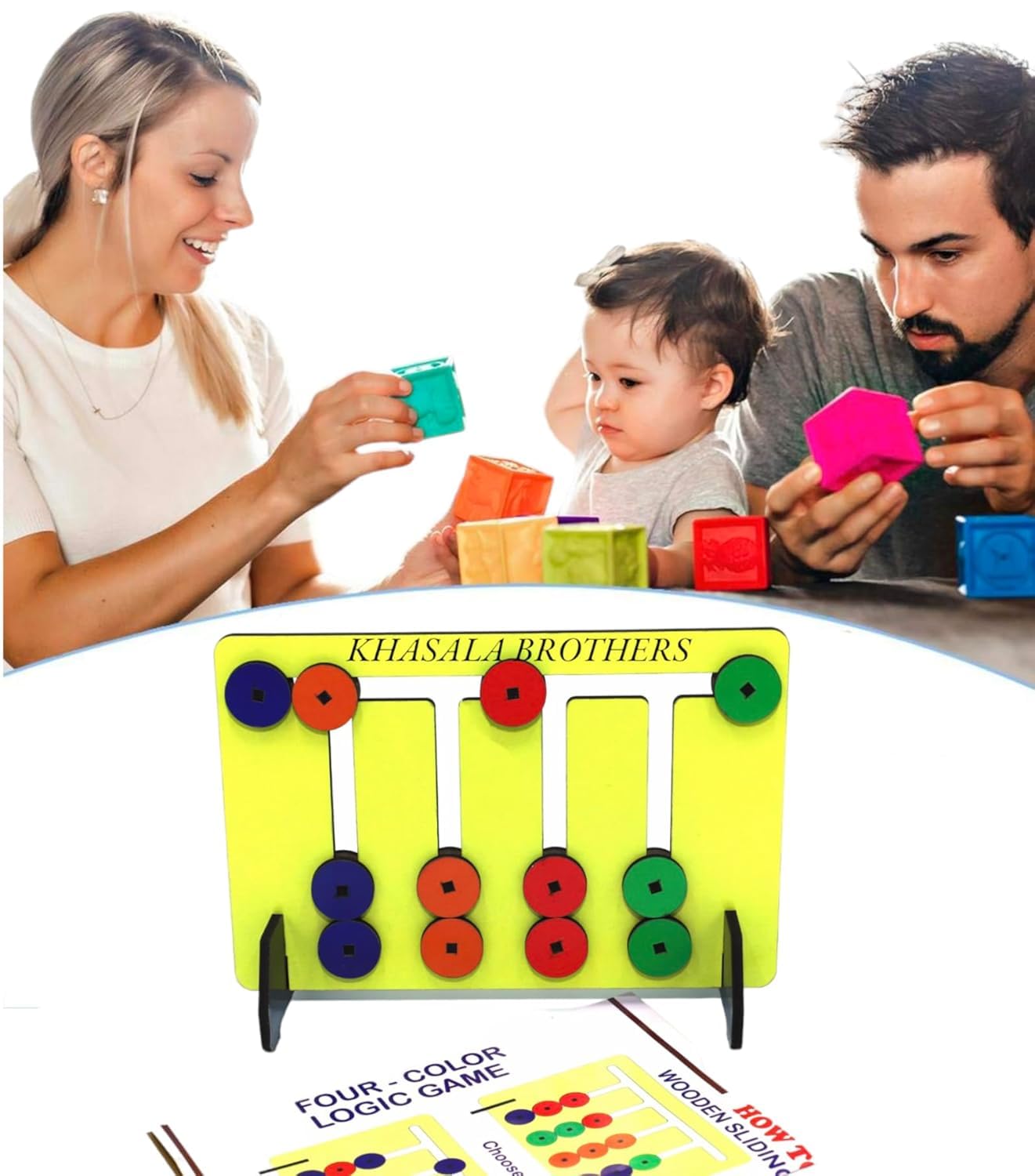 Khasala Brothers® Wooden Slide Puzzle - Color & Pattern Matching Brain Teaser, Montessori Learning Toy, Logic Game for Kids - Perfect for Preschool Education & Family Game Night