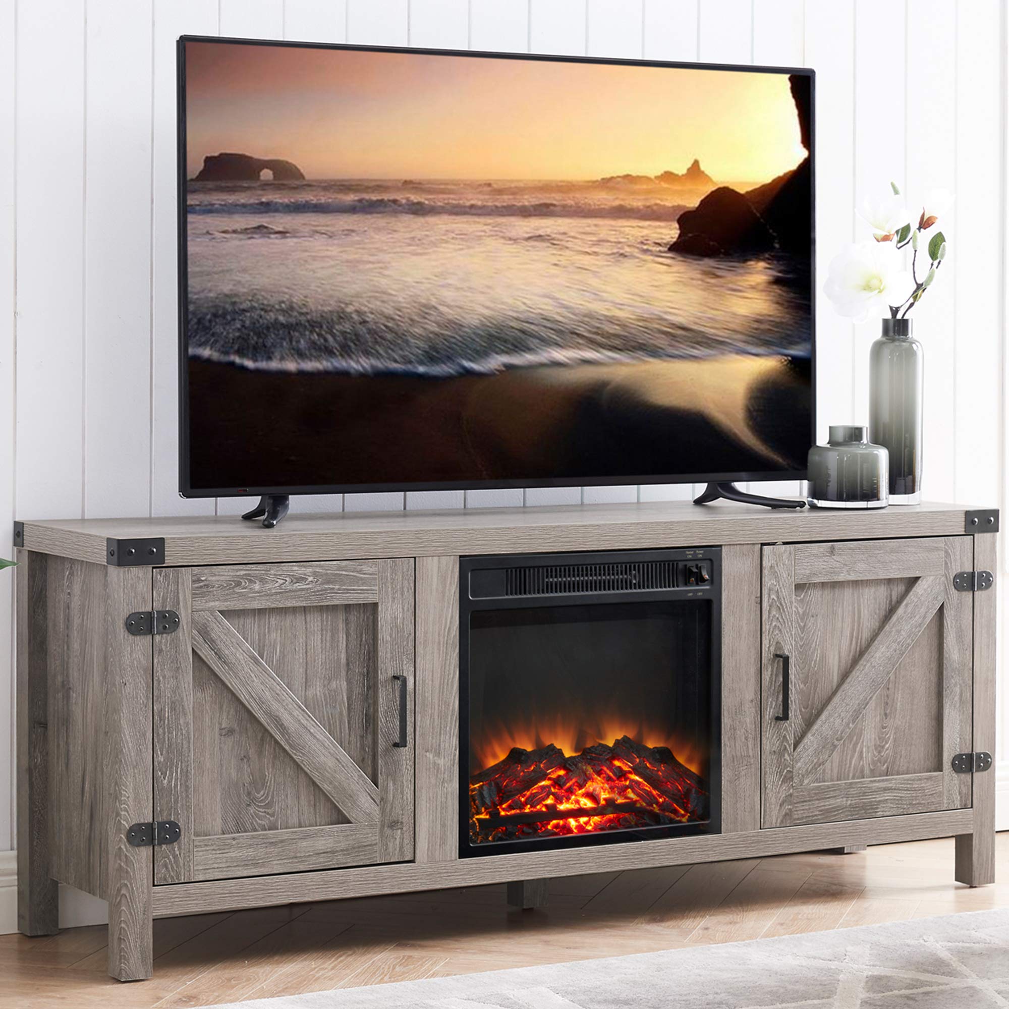 Farmhouse Wood TV Stand with Electric Fireplace - Entertainment Center for 65