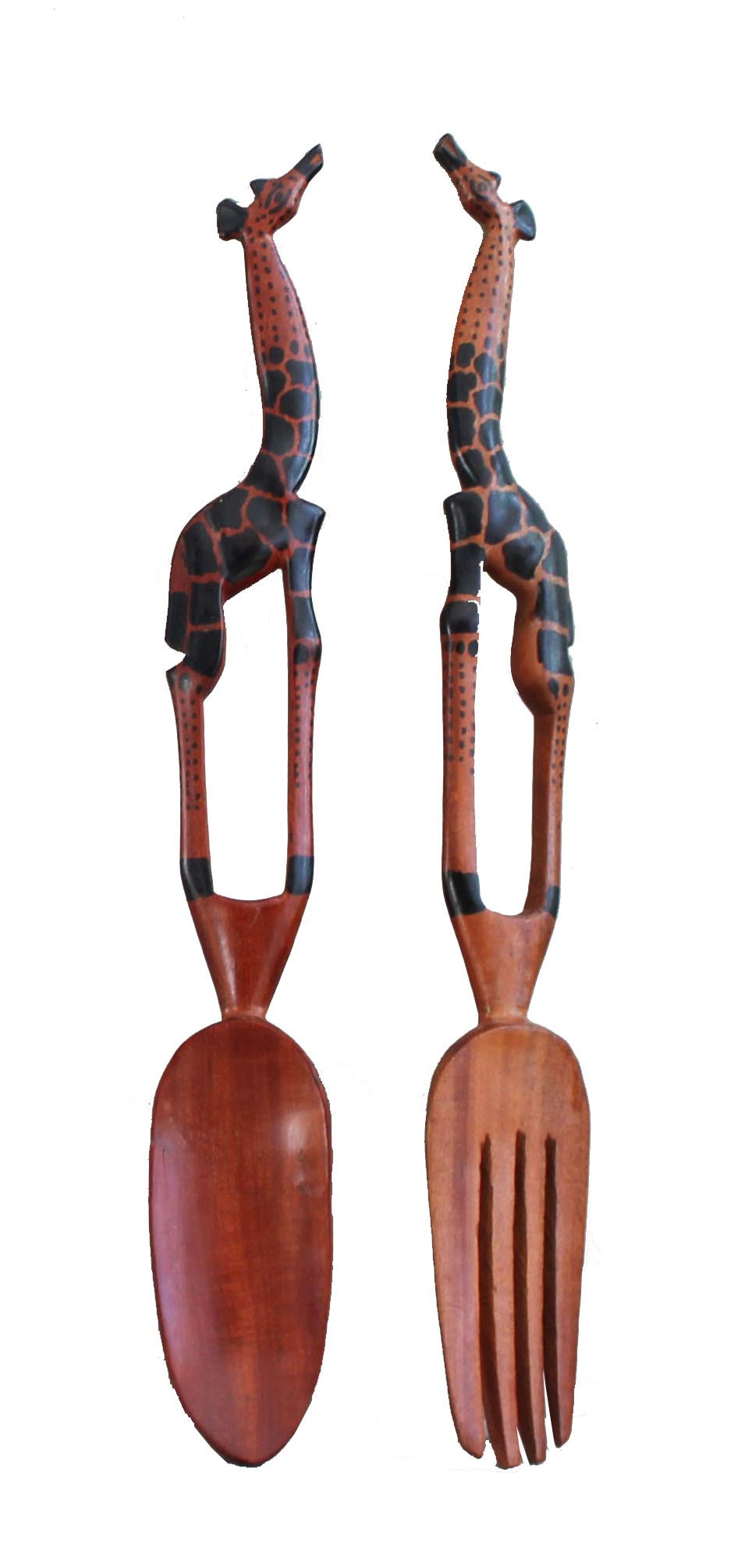 Hand Carved Africa Wood Salad Servers with Giraffe Handle - Zimbabwe Wooden Spoon and Fork Set, Painted Serving Utensils for Housewarming Gift C2401B | Perfect for Dinner Parties, Picnics, and Unique Home Decor