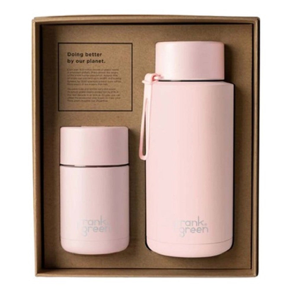 Frank Green Reusable 12oz Coffee Cup & 34oz Water Bottle Gift Set - Blushed Pink | Perfect for Office, Gym & Outdoor Activities