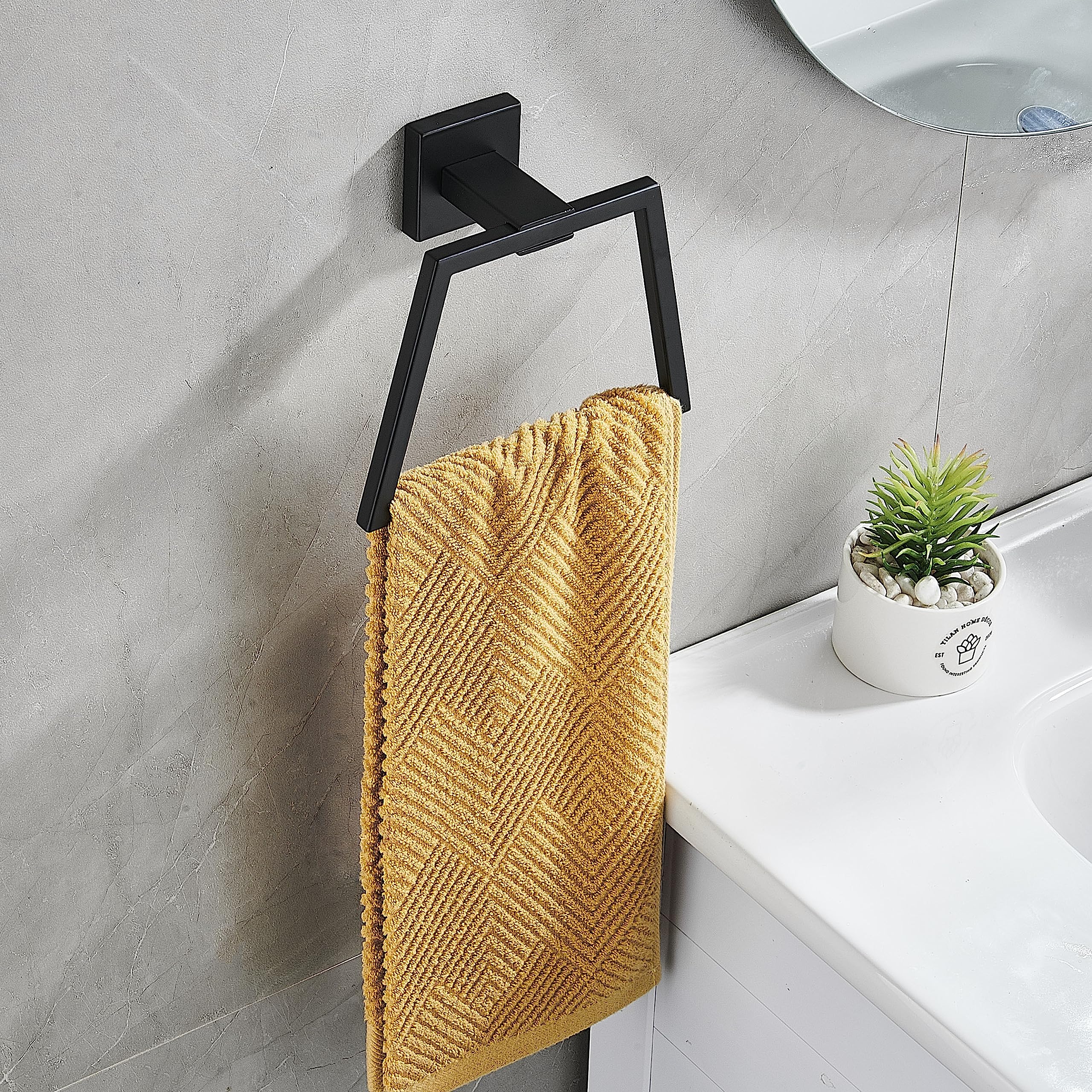 Modern Matte Black Square Hand Towel Ring - Stainless Steel Wall Mounted Towel Holder for Bathroom, Kitchen & Spa - Durable & Stylish Bathroom Accessory