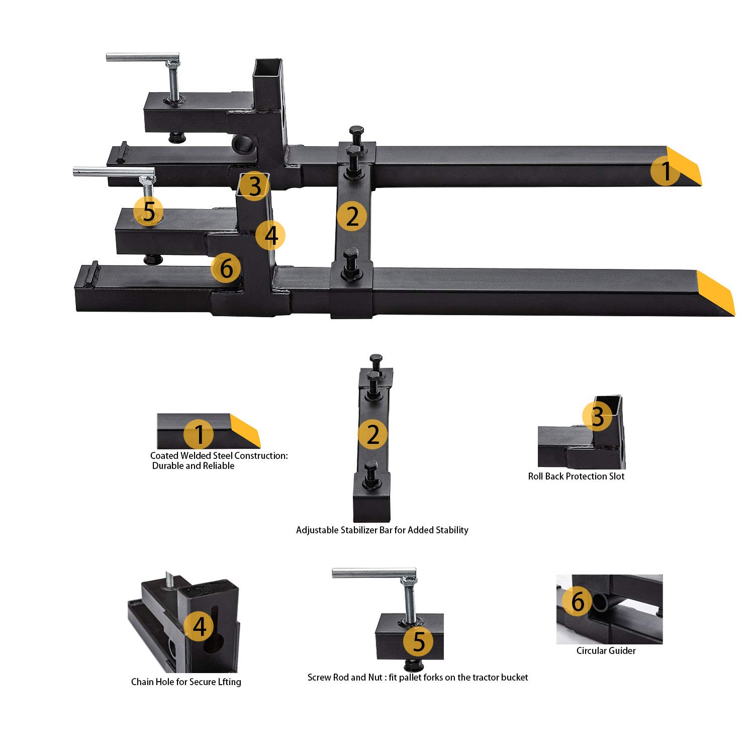 Heavy Duty Clamp On Pallet Forks with Adjustable Stabilizer Bar - 60 Inch, 4000 lbs Capacity - Tractor Bucket Attachment for Lifting & Moving Pallets - Ideal for Farming, Construction & Warehouse Use