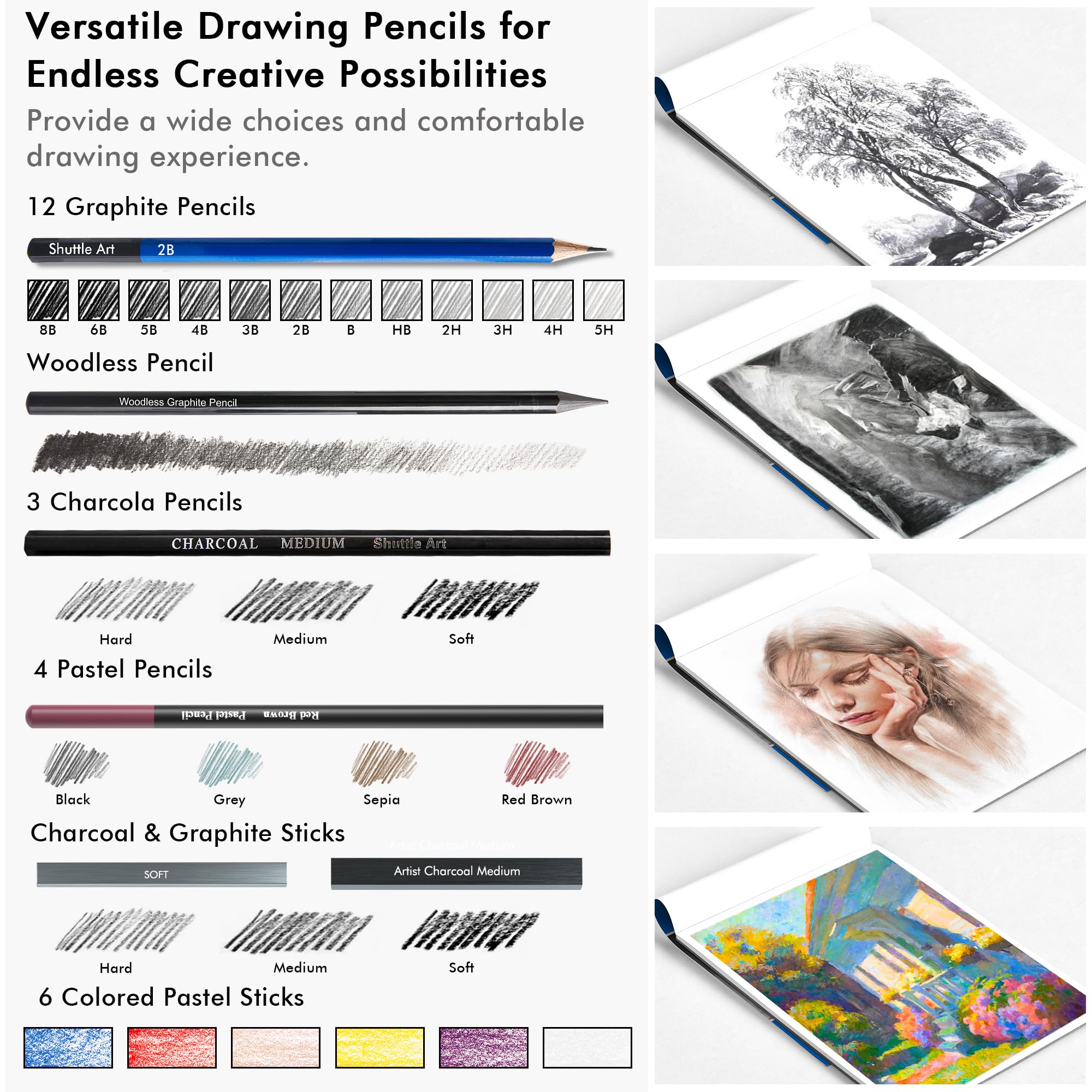 Shuttle Art 52 Pack Professional Drawing Pencils Set - Graphite & Charcoal Sticks with Sketch Pad in Portable Case - Perfect for Artists, Students & Adults - Ideal for Sketching, Shading & Art Projects