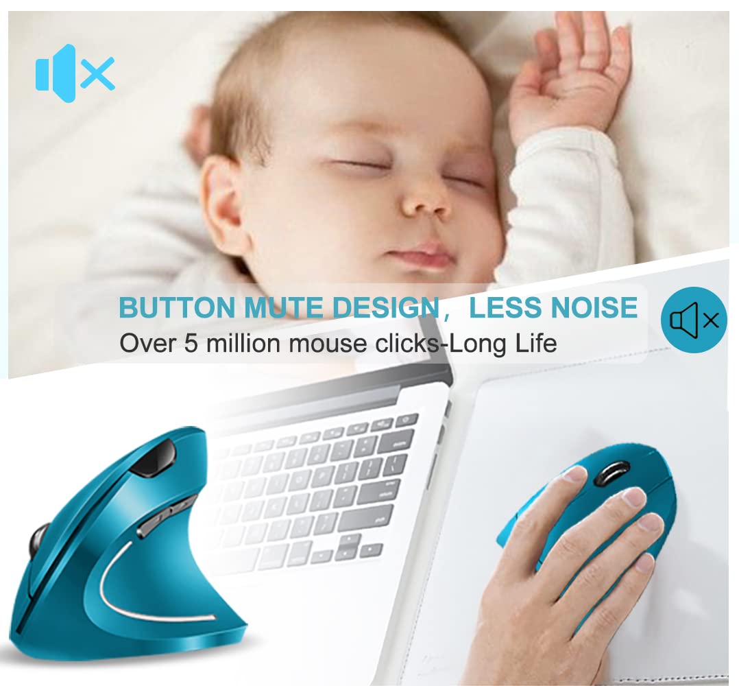 Vassink Ergonomic Wireless Mouse - Rechargeable Vertical Mouse with 2.4GHz USB Receiver, 6 Buttons & Adjustable 800/1200/1600 DPI for Laptop, PC, Computer - Blue | Perfect for Office Work, Gaming & Reducing Wrist Pain