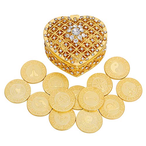 Spanish Wedding Arras Coins Set - 13 Gold Unity Coins in Pearl & Crystal Heart Jewelry Box - Traditional Wedding Ceremony Souvenirs for Bridal Shower, Vow Renewal & Hispanic Wedding Traditions
