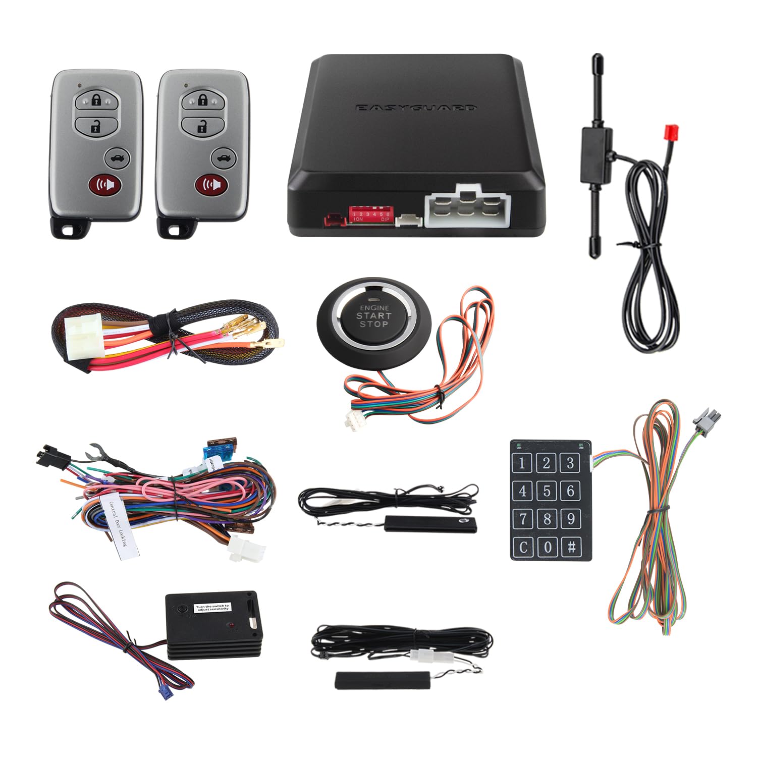 EASYGUARD EC002-T-NS Advanced Rolling Code PKE Car Alarm System with Keyless Entry, Remote Start, Push Button Ignition, Touch Password & Shock Sensor - Auto Lock/Unlock for Vehicle Security | Perfect for Daily Commute & Parking Safety