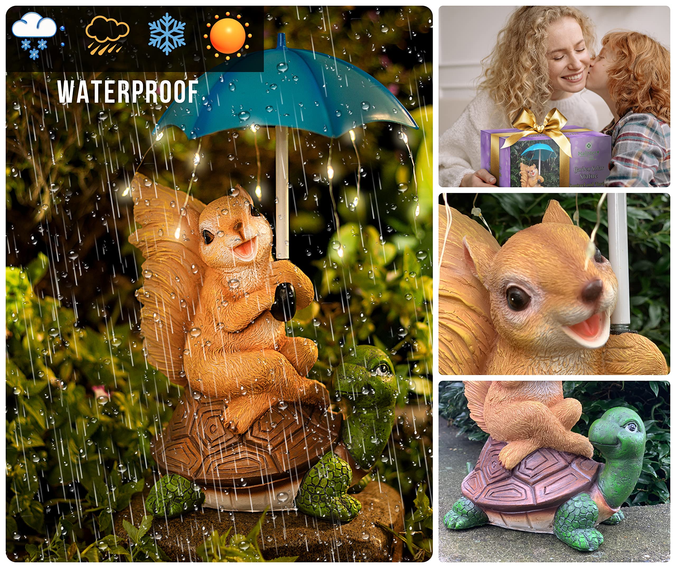 Solar-Powered Squirrel on Turtle Garden Statue with LED String Lights - Outdoor Patio Decor, Lawn Ornament & Unique Housewarming Gift for Garden, Yard, and Backyard Decorations | Perfect for Evening Ambiance and Outdoor Parties