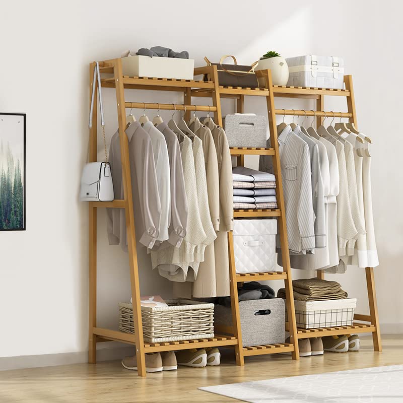 Portable Bamboo Clothes Rack with 2 Shelves, Multifunctional Floor Standing Garment Rack, Easy to Assemble (130x40x140cm) - Perfect for Bedroom, Closet Organization & Small Space Storage
