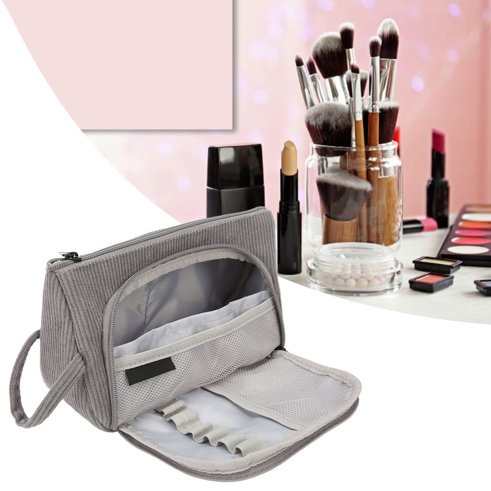Travel Makeup Bag with Bidirectional Zipper - Waterproof Cosmetic Organizer for Women, Grey Makeup Pouch with Exquisite Lining - Perfect for Travel, Gym, and Daily Use