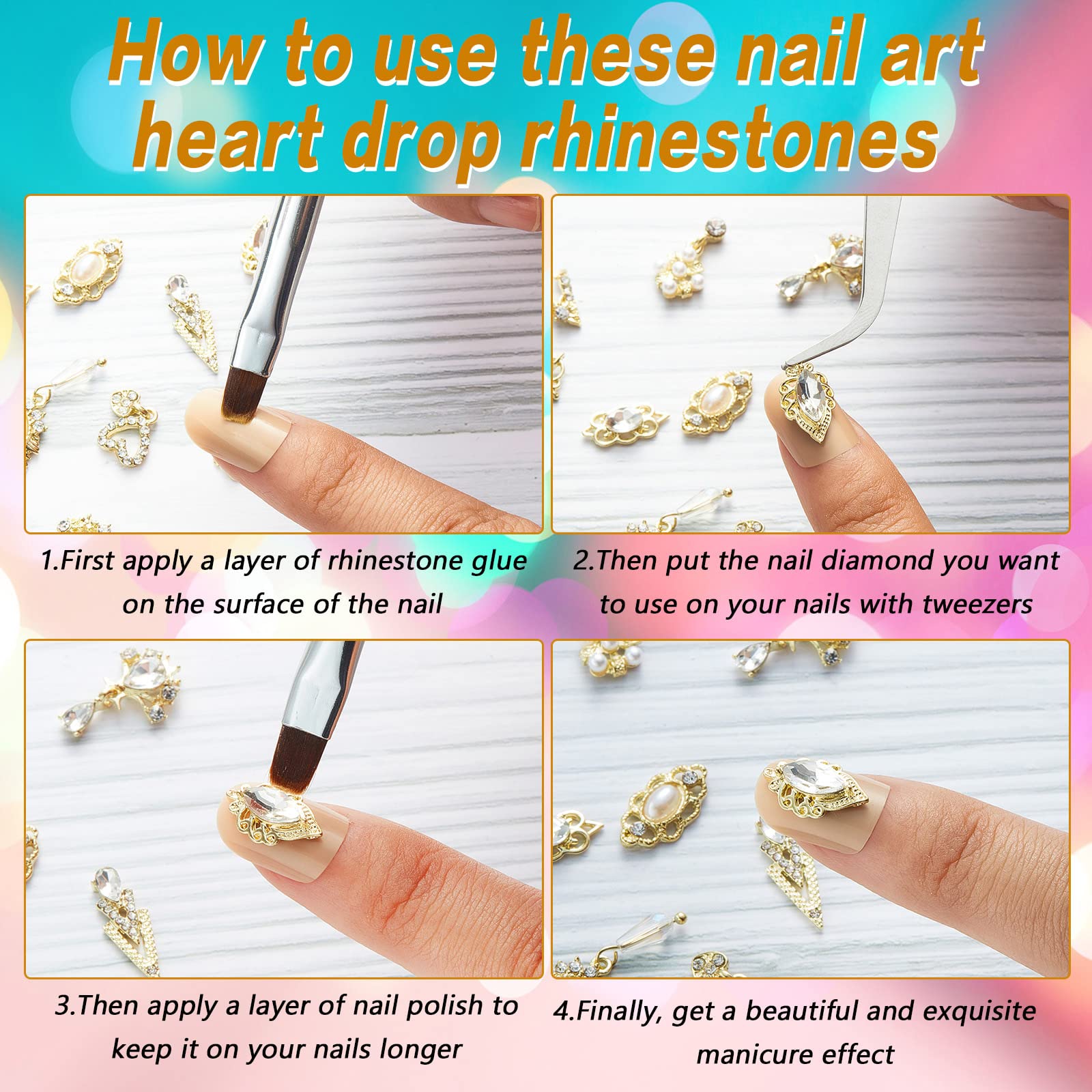Maitys 54-Piece Gold & Silver 3D Nail Charms Set - Alloy Rhinestone Heart Dangle Jewelry, Crystal Metal Nail Gems with Flower Studs for DIY Nail Art | Perfect for Christmas, Parties, Weddings & Special Occasions