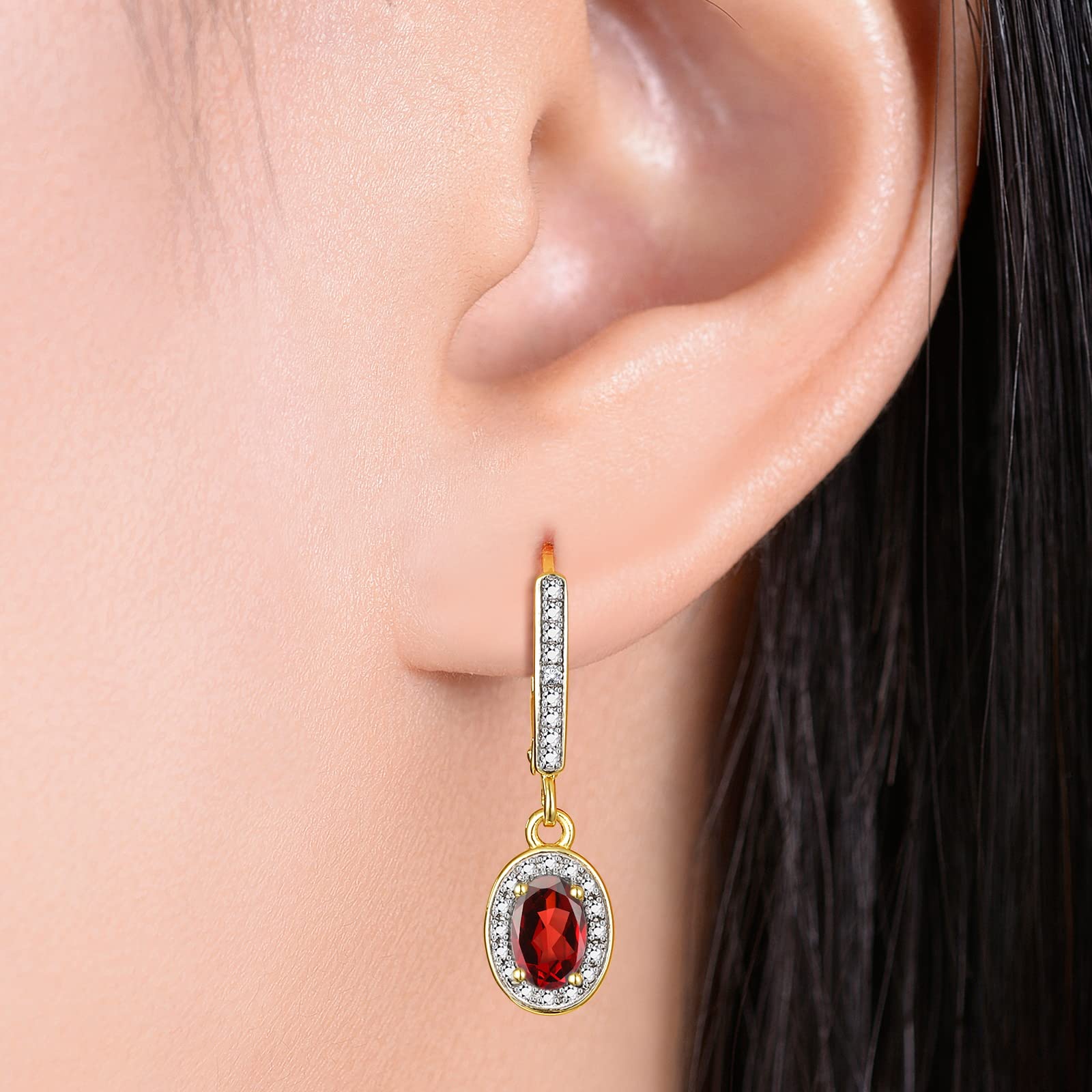 RYLOS Women's Yellow Gold Plated Oval Gemstone & Diamond Dangle Earrings - 6X4MM Birthstone Jewelry - Elegant Gift for Birthday, Anniversary & Special Occasions