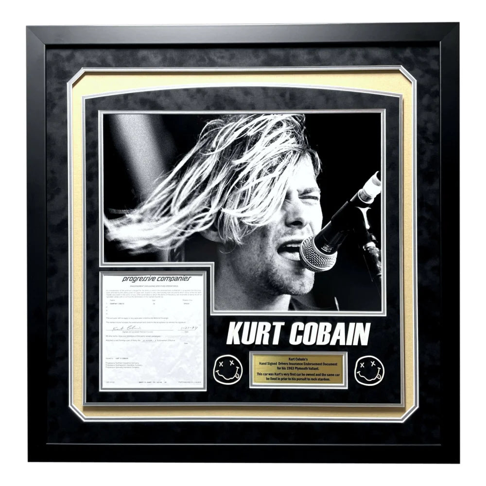 Authentic Kurt Cobain Hand Signed Car Insurance Policy Letter - Framed with JSA COA - Rare Nirvana Memorabilia for Collectors & Music Fans - Perfect for Display in Home, Office, or Music Room Decor