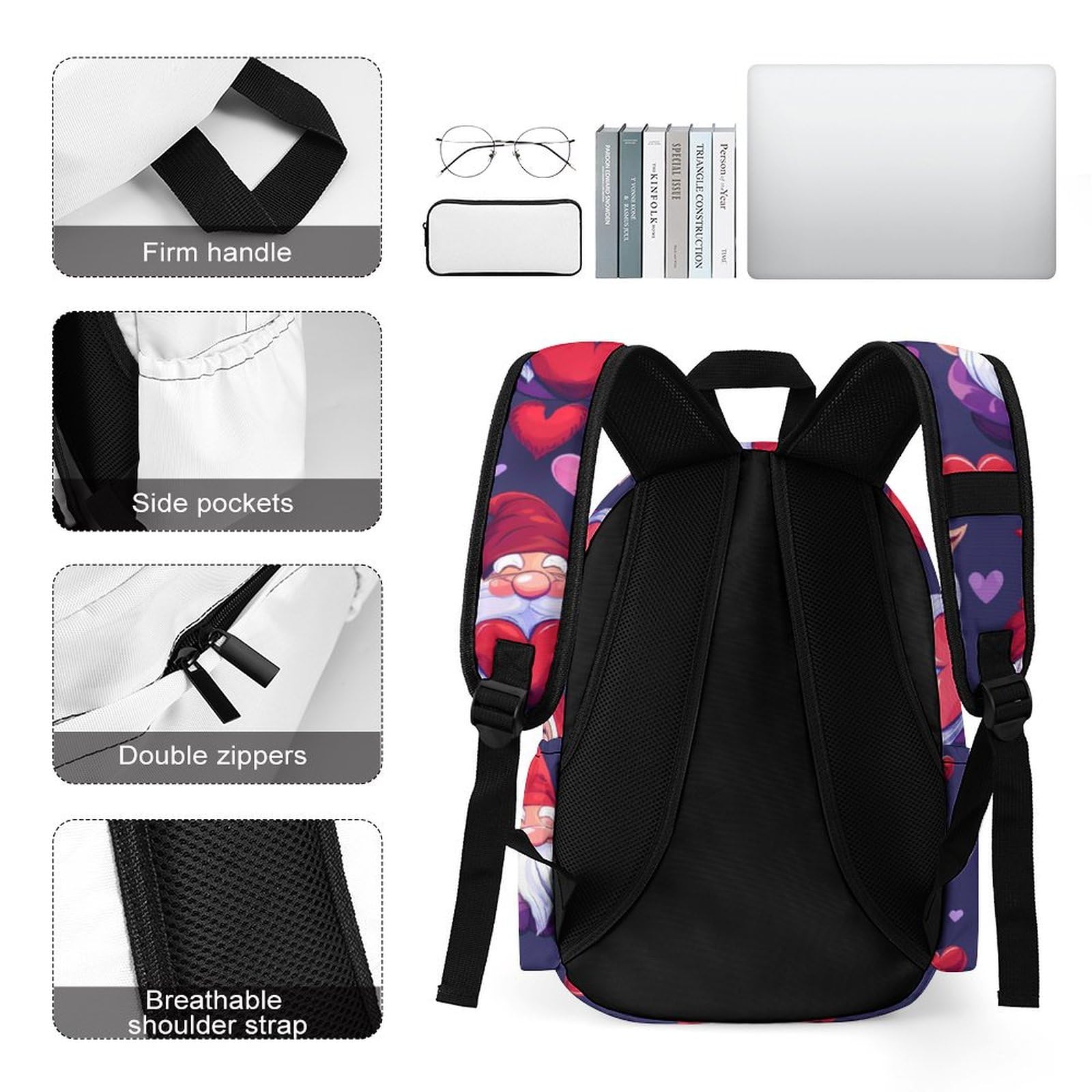 Gnomes Hearts Mini Backpack - Cute Shoulder Bag for Women & Men, Small Laptop Bag, Lightweight Travel Daypack - Perfect for School, Work, Travel & Daily Use