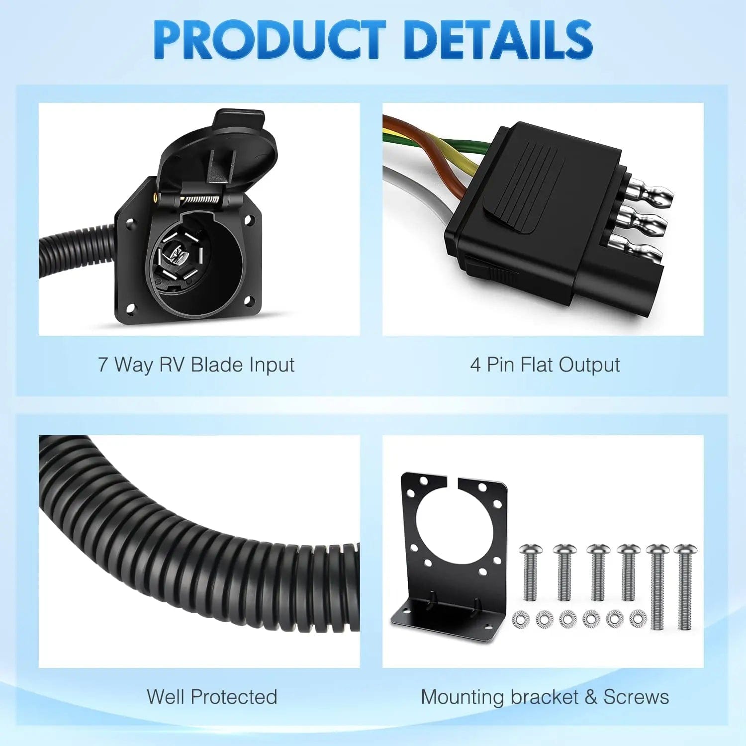 4 Way Flat to 7 Way Round Trailer Adapter Plug - Heavy Duty Electrical Connector for RV, Boat & Utility Trailers - Perfect for Towing, Camping & Outdoor Adventures