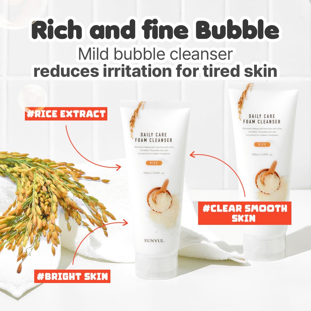 EUNYUL Rice Cleansing Foam 150ml - Korean Skincare for Deep Cleansing & Daily Face Wash - Gentle Mousse Cleanser for Acne-Prone & Sensitive Skin - Perfect for Morning & Night Skincare Routine