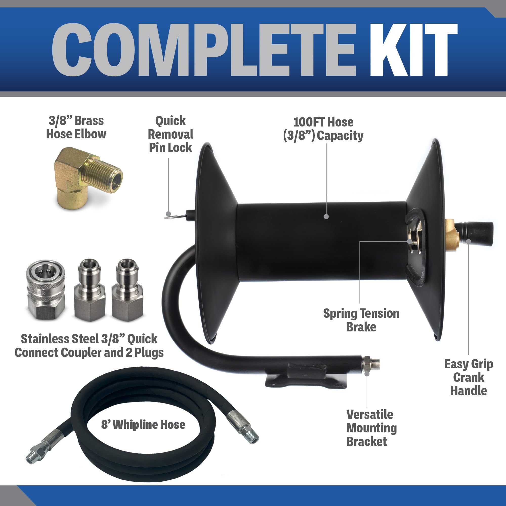 ESSENTIAL WASHER 100 FT Pressure Washer Hose Reel Kit - 4000 PSI Heavy Duty Power Washer Accessory for 3/8