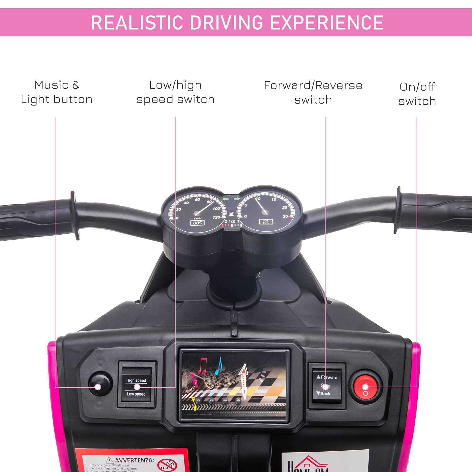 Aosom 6V Kids Electric Motorcycle - Pink Ride-On Toy Dirt Bike with Music, Headlights & Training Wheels | Rechargeable Battery-Powered Off-Road Bike for Toddlers Ages 2-4 | Perfect for Outdoor Play, Backyard Fun & Birthday Gifts