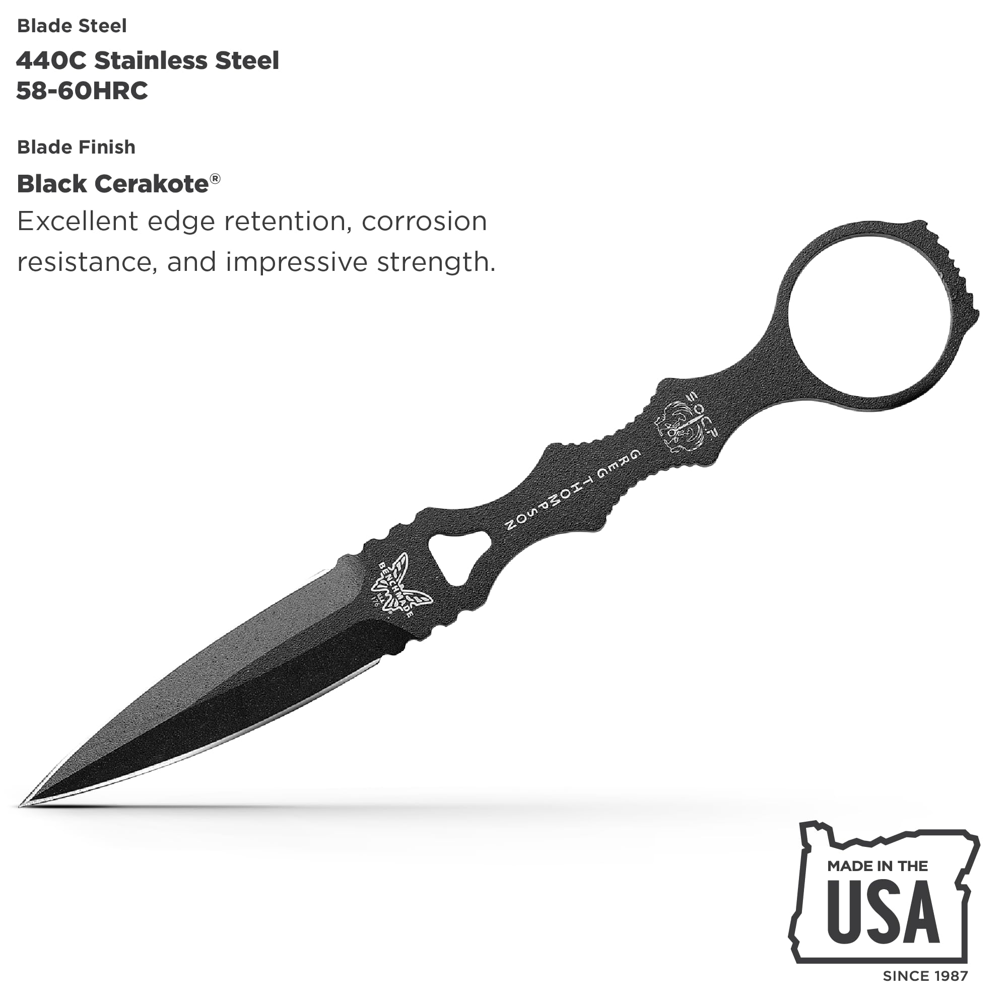 Benchmade SOCP Knife - Double Edge Dagger Blade with Plain Edge & Black Handle | Tactical Self-Defense, Outdoor Survival, EDC Gear for Military & Camping