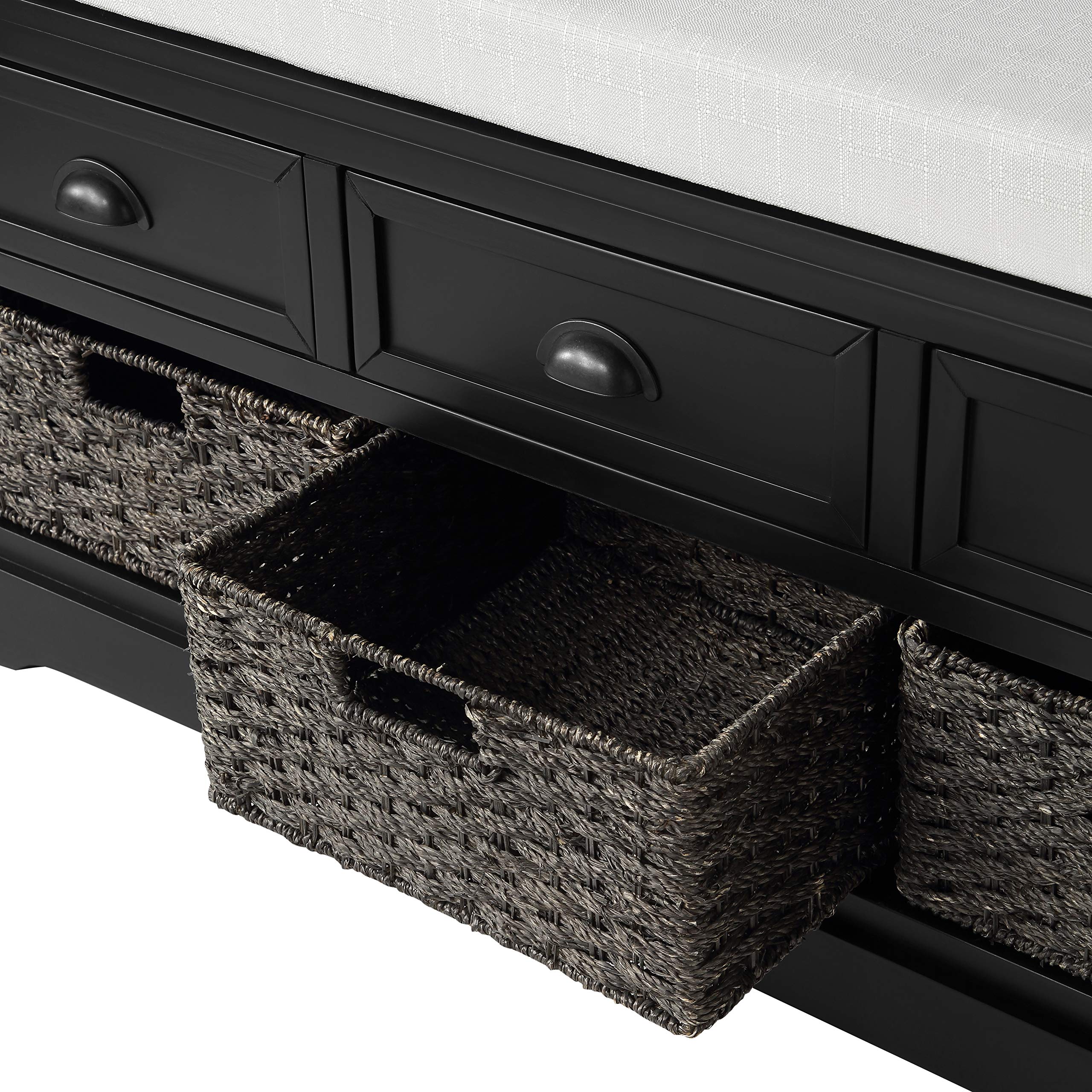 Wooden Storage Bench with 3 Drawers & Wicker Baskets, Entryway Shoe Bench with Removable Cushion - Perfect for Hallway, Living Room & Bedroom Organization